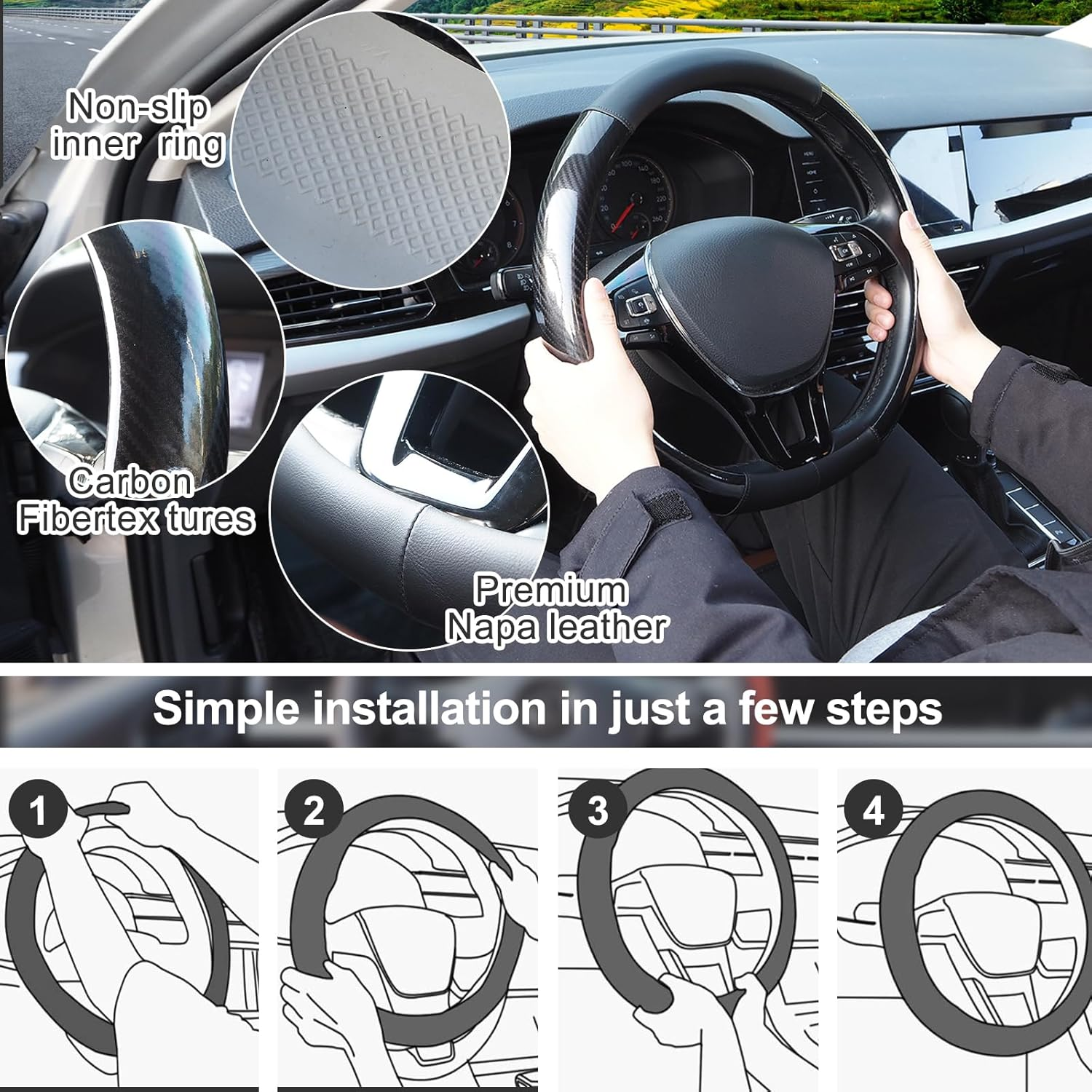 Nappa Leather Car Steering Wheel Cover, anti Slip, Thin, Breathable, Odor-Free, Universal 14.5-15 Inches Fit, Car Steering Wheel Cover Full Surround Aeecssories (Black C-Nappa Leather) image number 2