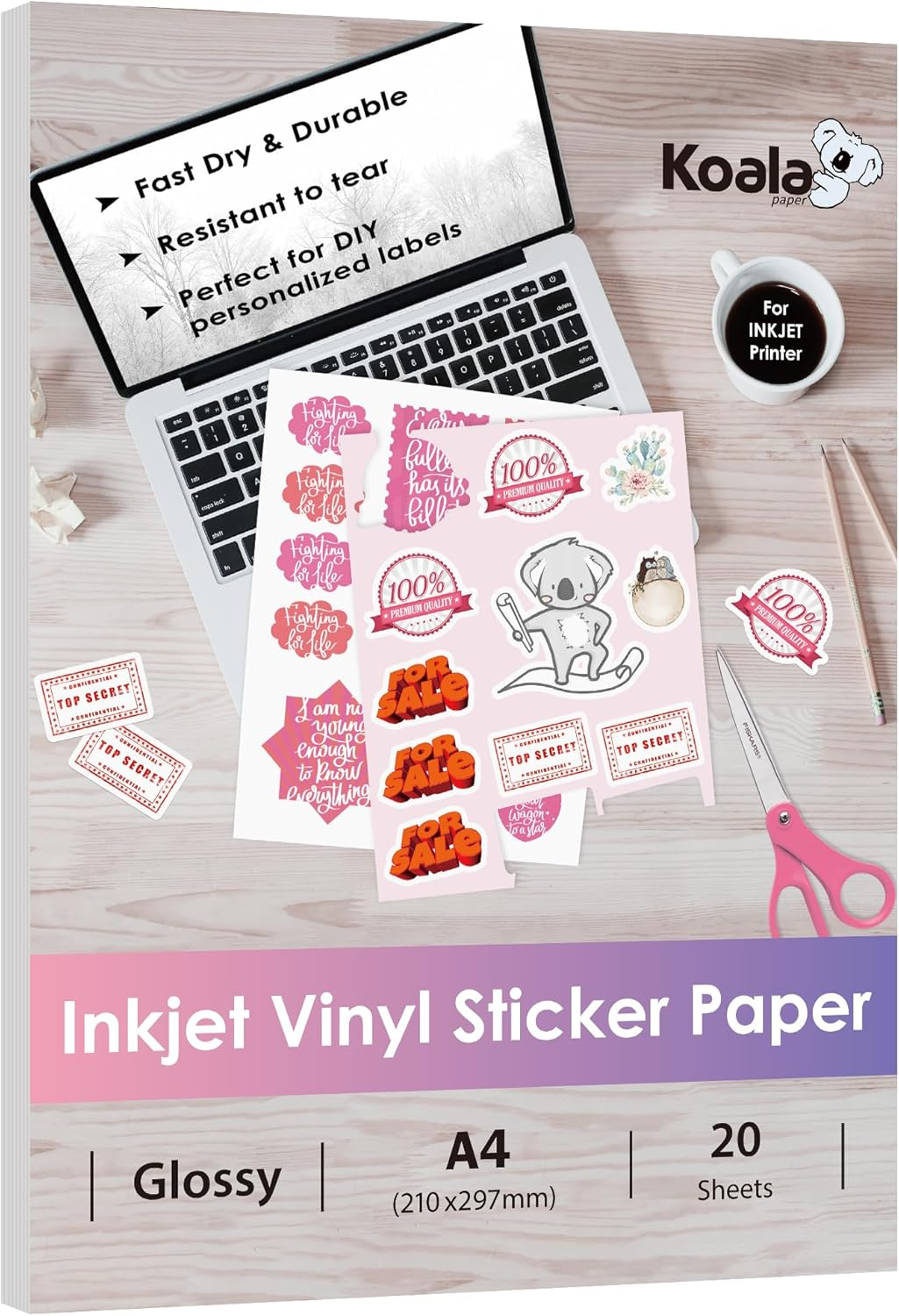 Koala Printable Vinyl Sticker Paper for Inkjet Printers - 20 Sheets Glossy White Waterproof Adhesive Label Paper - A4 Size, Tear-Resistant, Removable image number 5