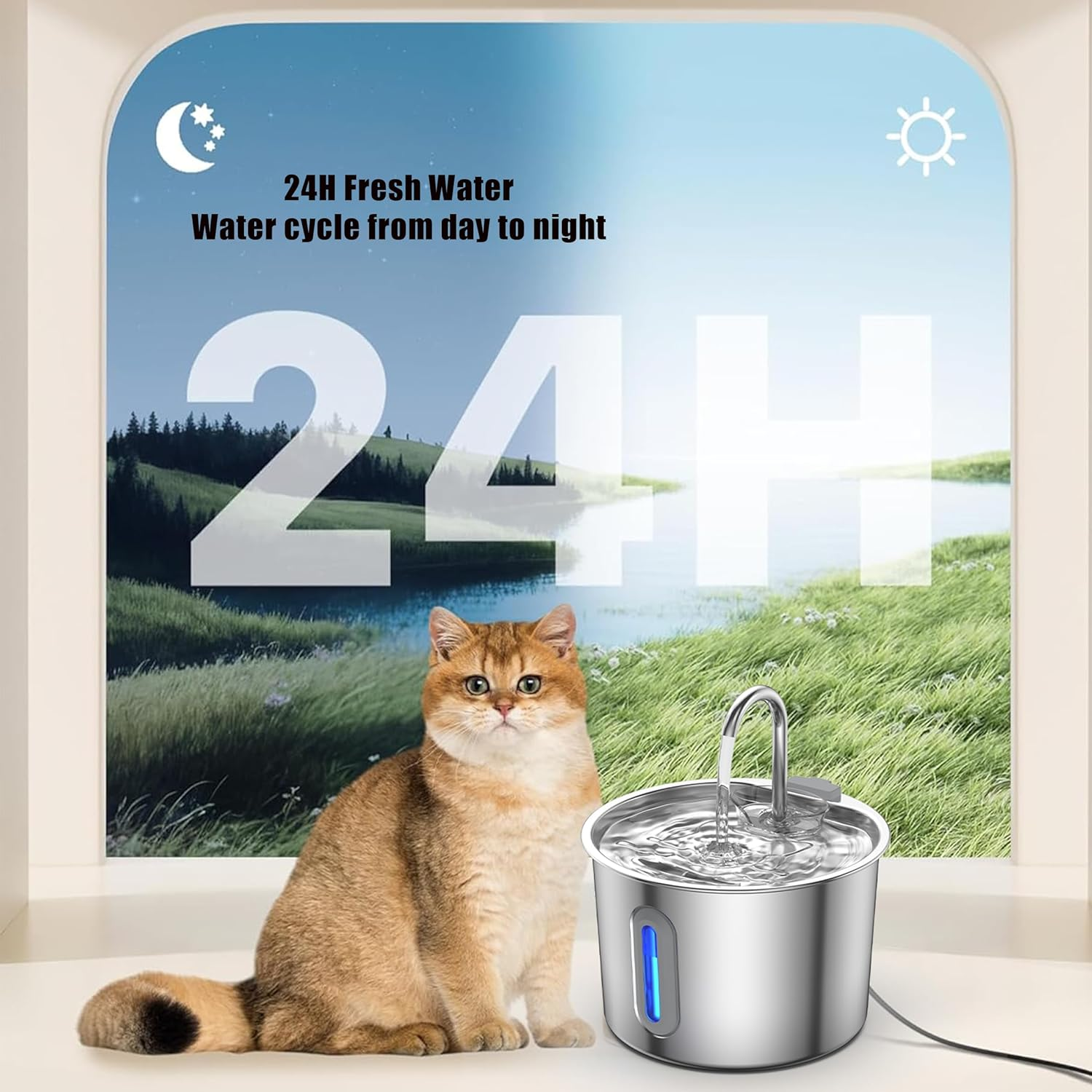 Cat Water Fountain Stainless Steel, 74Oz/2.2L, Cat Fountain Inside, Automatic Dog Watering Dispenser Bowl, Pet Feeding & Watering Supplies, Water Level Window image number 3