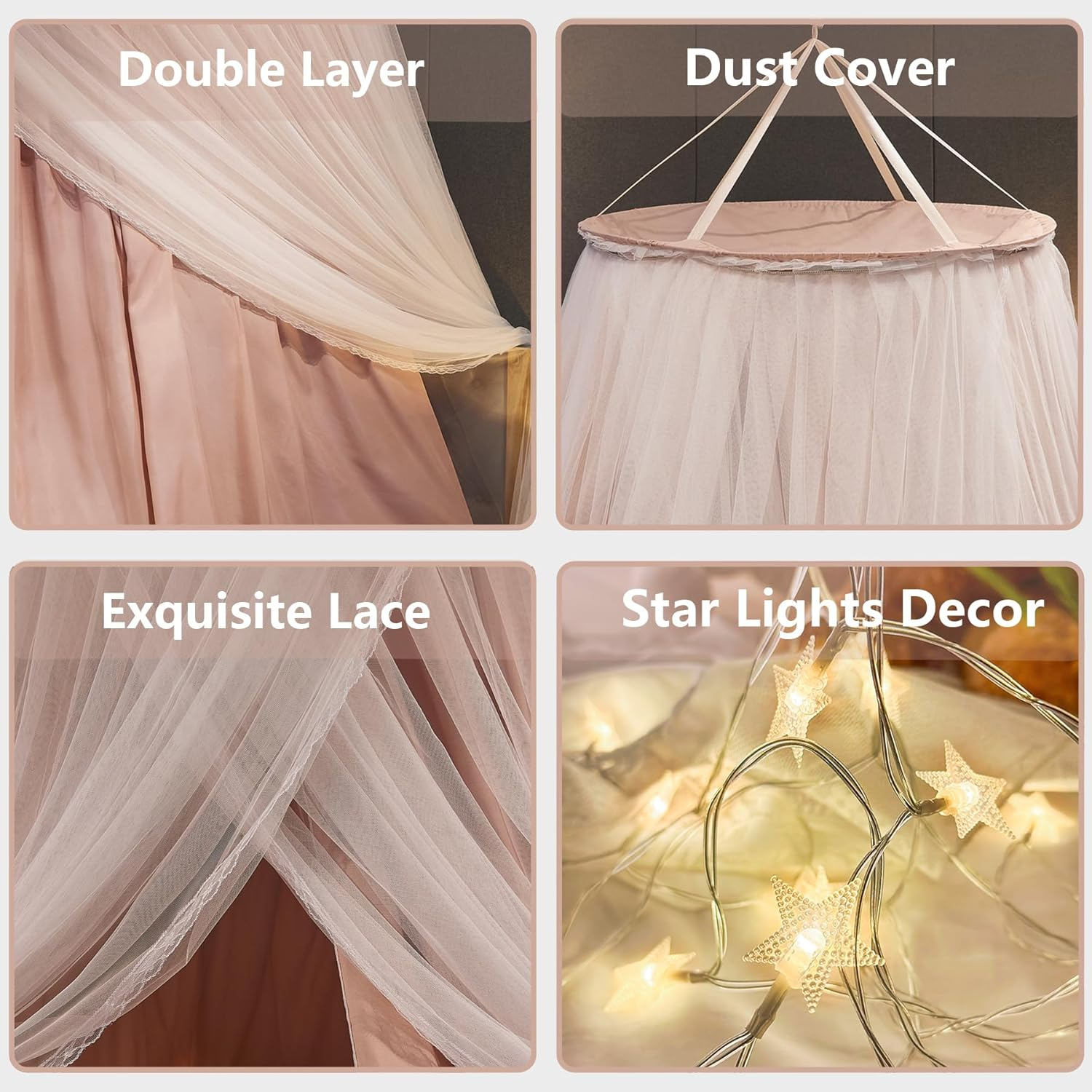 Double Layer Bed Canopy, Elegant Princess round Dome Canopies Netting Large Mesh Bed Curtain Drapes for Kids Adults Children Dreamy Lace Mosquito Nets Bedroom Decoration Castle Play Tent Reading Nook