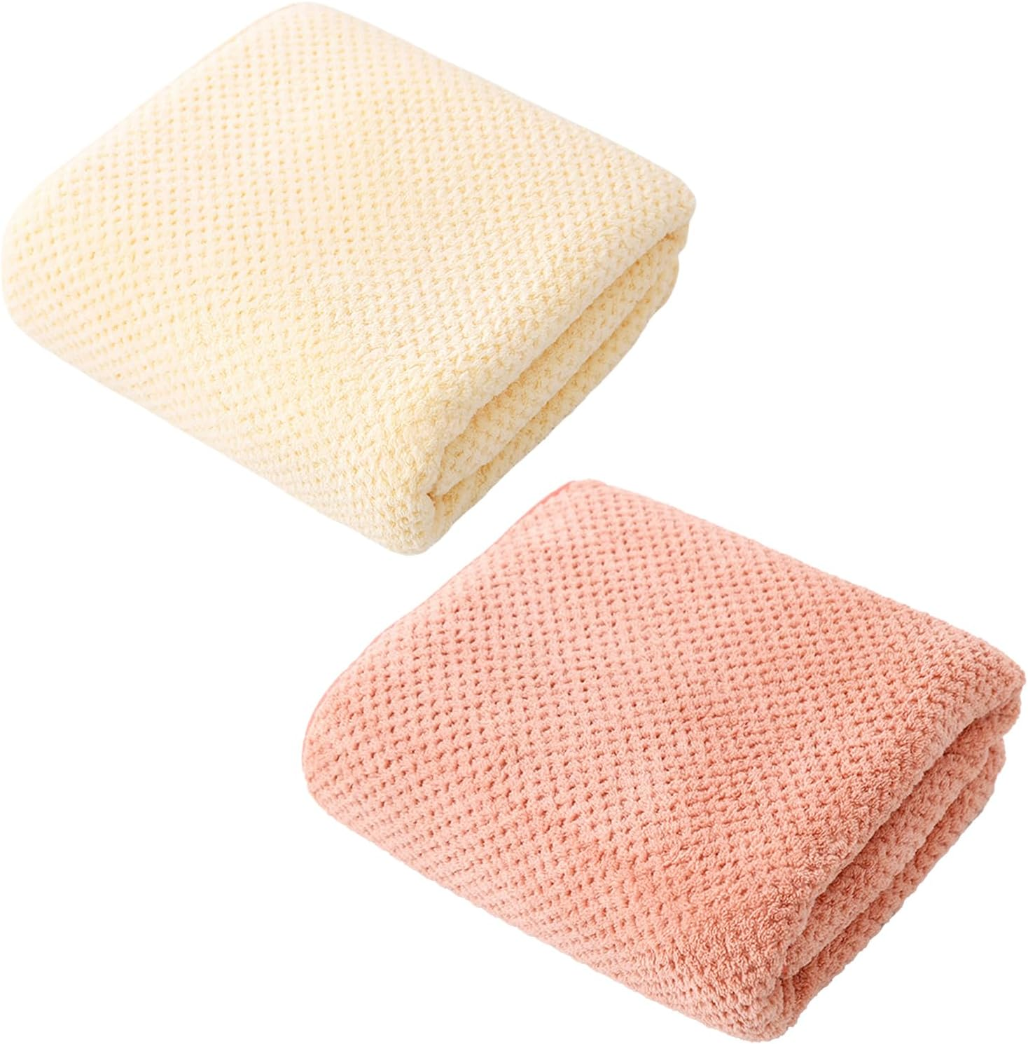 2 PCS Soft Coral Fleece Towel Set for Home Use, 2 Pack Face Wash Hair Dry Quick-Drying Unisex Solid Color Towels, Pineapple Grid Yellow + Pineapple Grid Pink, Durable and Absorbent
