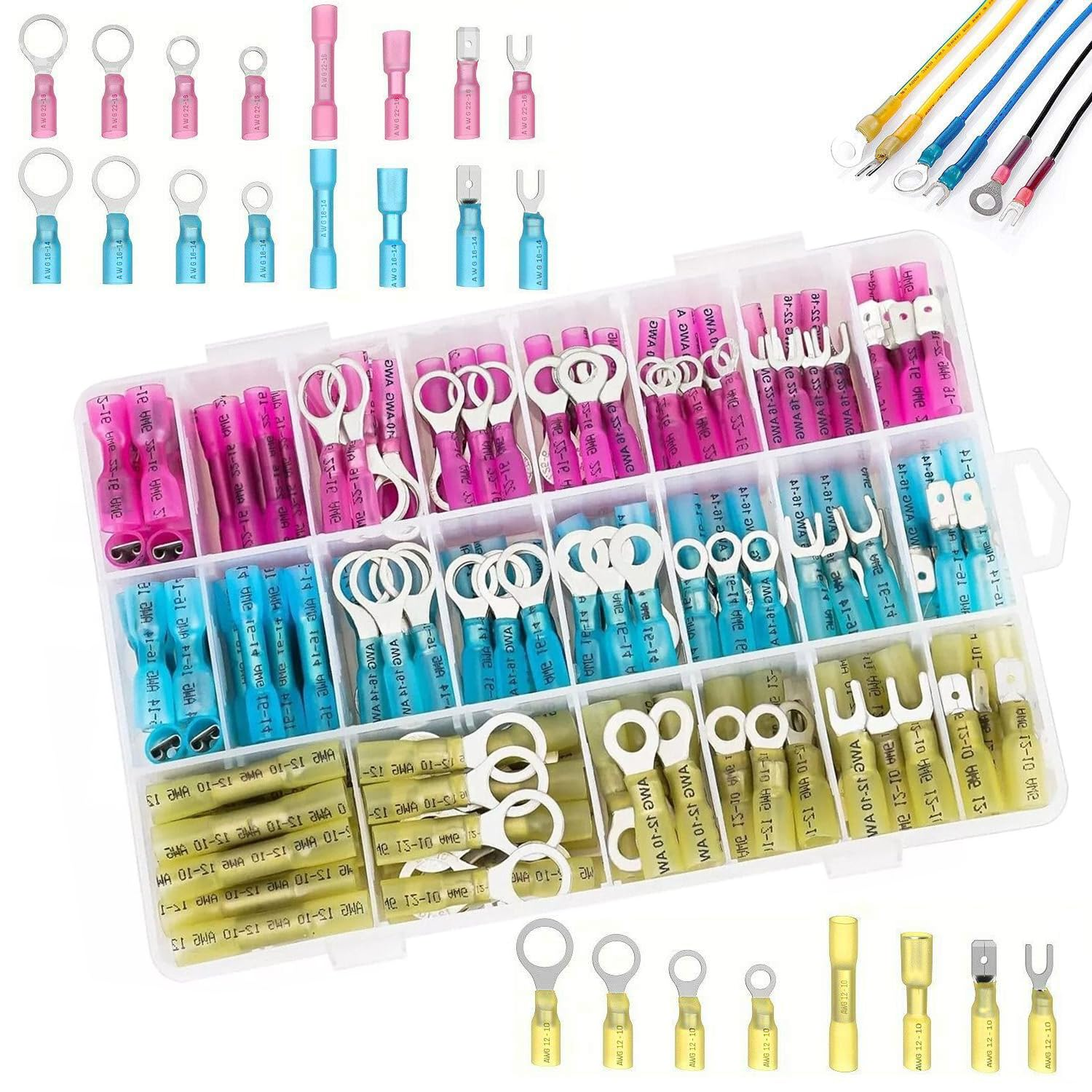 240PCS Heat Shrink Wire Connectors Waterproof Insulated Automotive Marine Electrical Terminals Kit Crimp Assortment Ring Fork Hook Spade Butt Splices image number 4