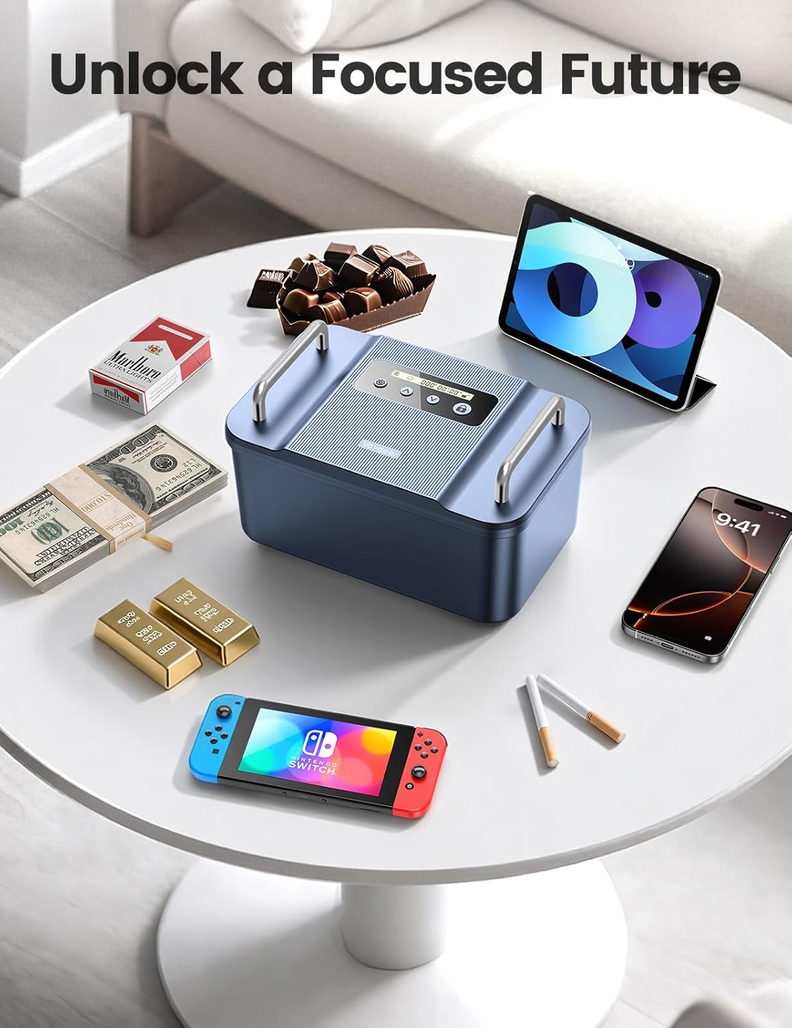 VAYDEER Security Lock Box with Timer &ndash;Safe Storage Box with Handles, LCD Display, Customisable Lock Time, USB-C Emergency Power &ndash; Portable Lock Safe for Phone, Medication, Valuables image number 5