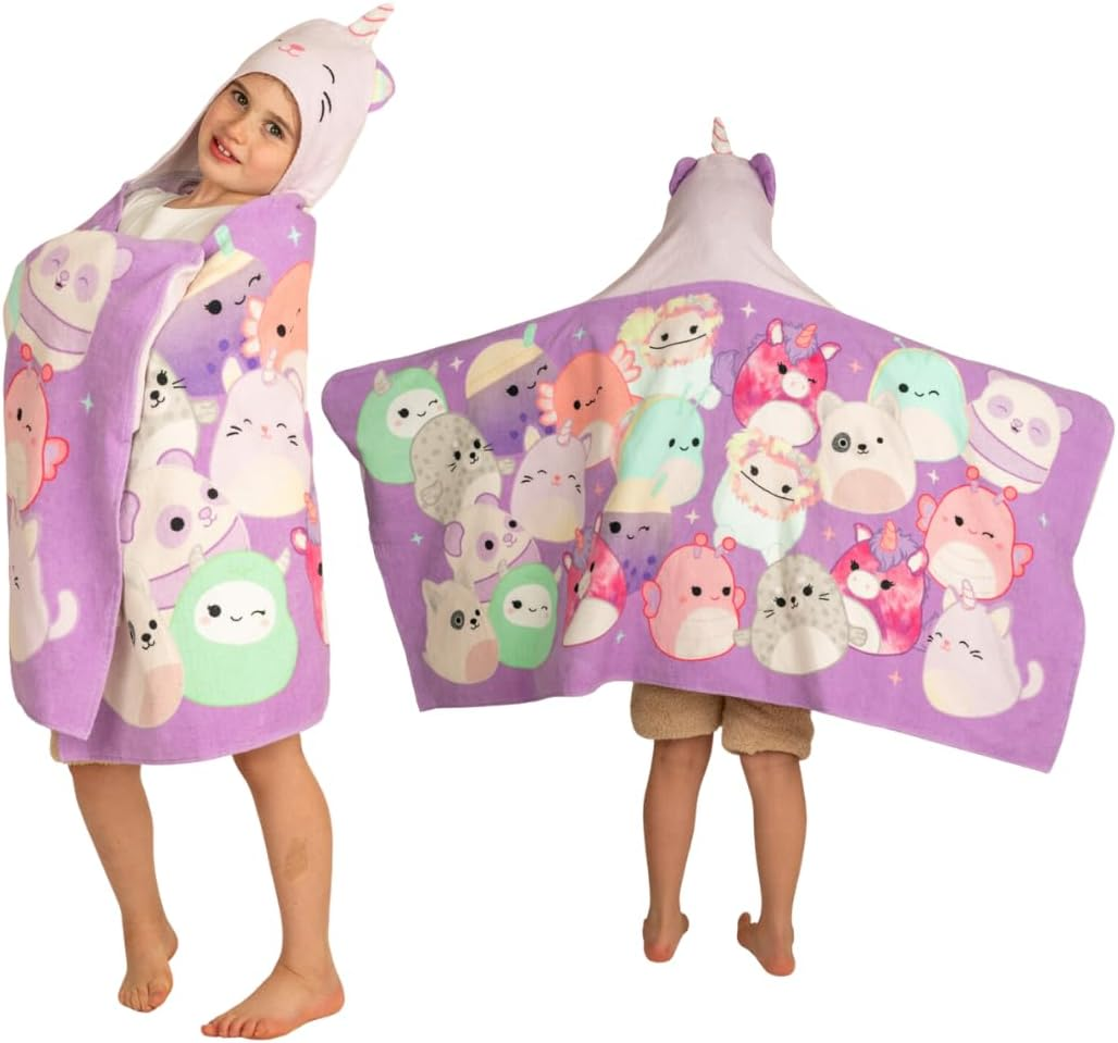 Squishmallows Kids Bath/Pool/Beach Soft Cotton Terry Hooded Towel Wrap, 24 in X 50 In, by Franco