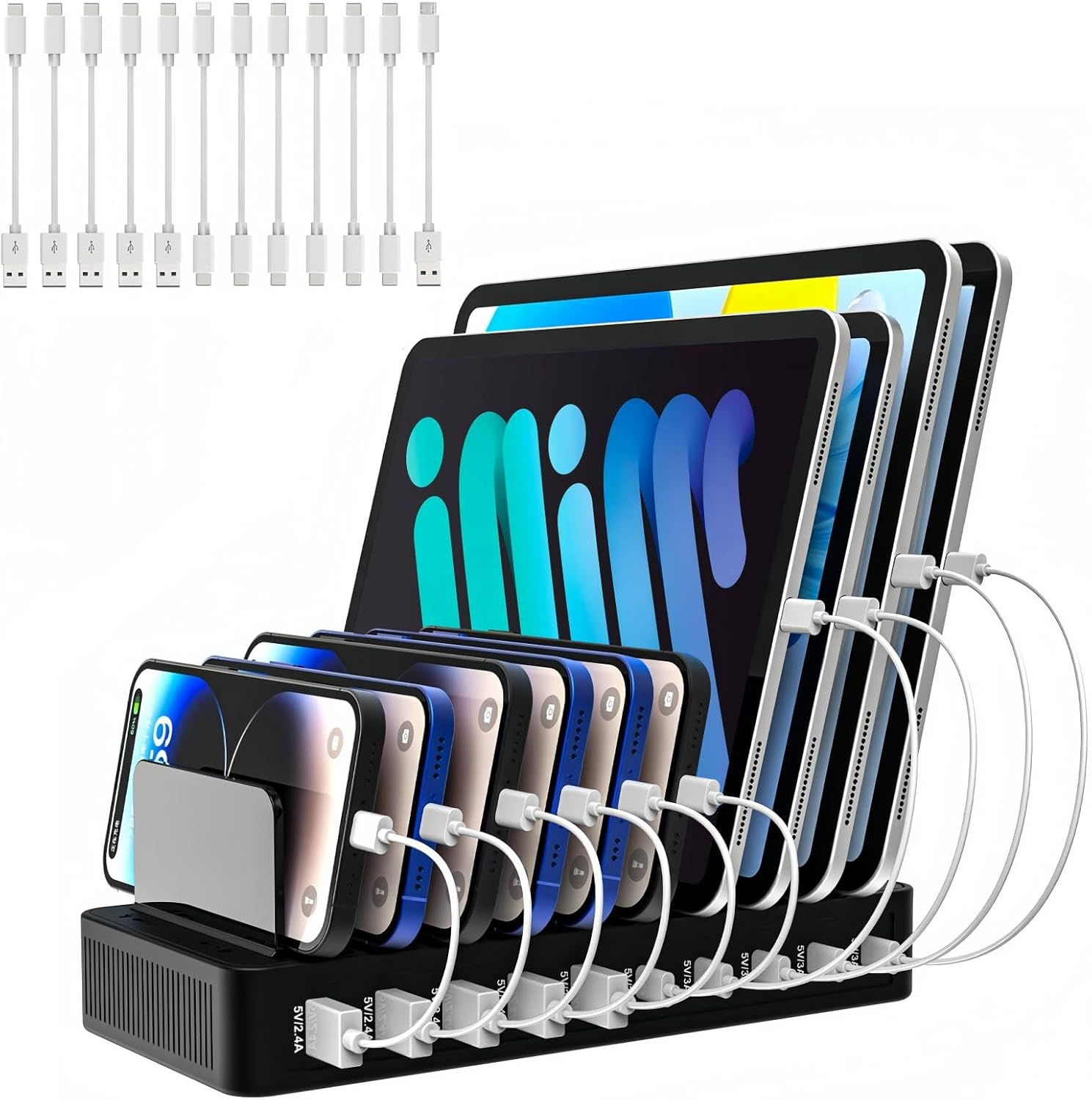100W USB C Charging Station for Multiple Devices - 10 Ports USB Charger Hub with Smart IC Tech, Flat Plug, Adjustable Dividers, Compatible with Iphone, Ipad, Galaxy, Tablet