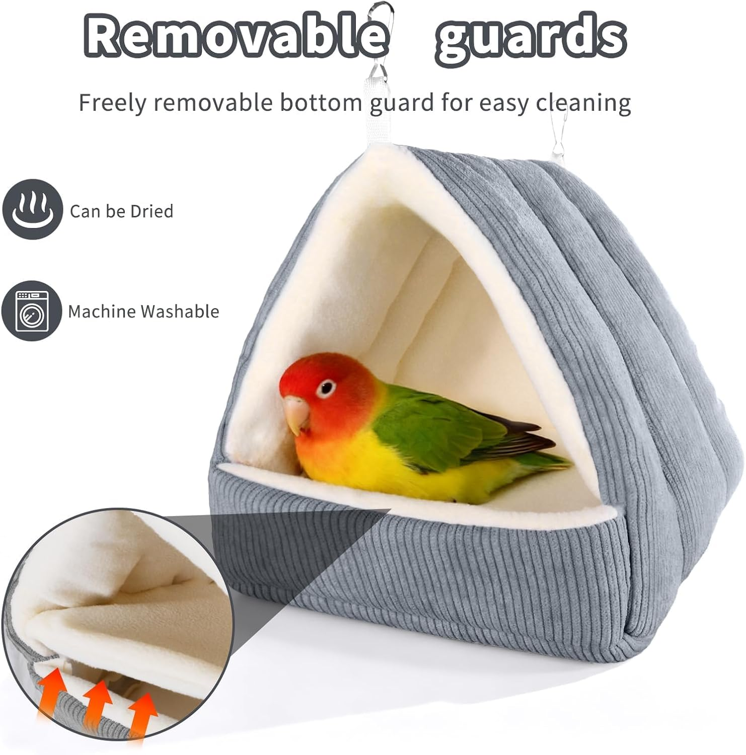 Hoopttay Medium Winter Warm Bird House and Bird Bed for Cage with Soft Plush Hanging Hammock & Hut Tent, Hideaway Sleeping Nest for Budgies, Parakeets, Cockatiels (Grey, M) image number 5