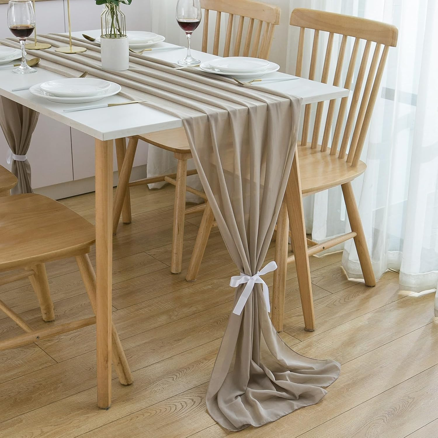 CHUQING Table Runner Wedding Tablecloth Romantic Sheer Table Runners for Bridal Shower Birthday Party Boho Table Decoration, 27X120 Inches,Light Brown