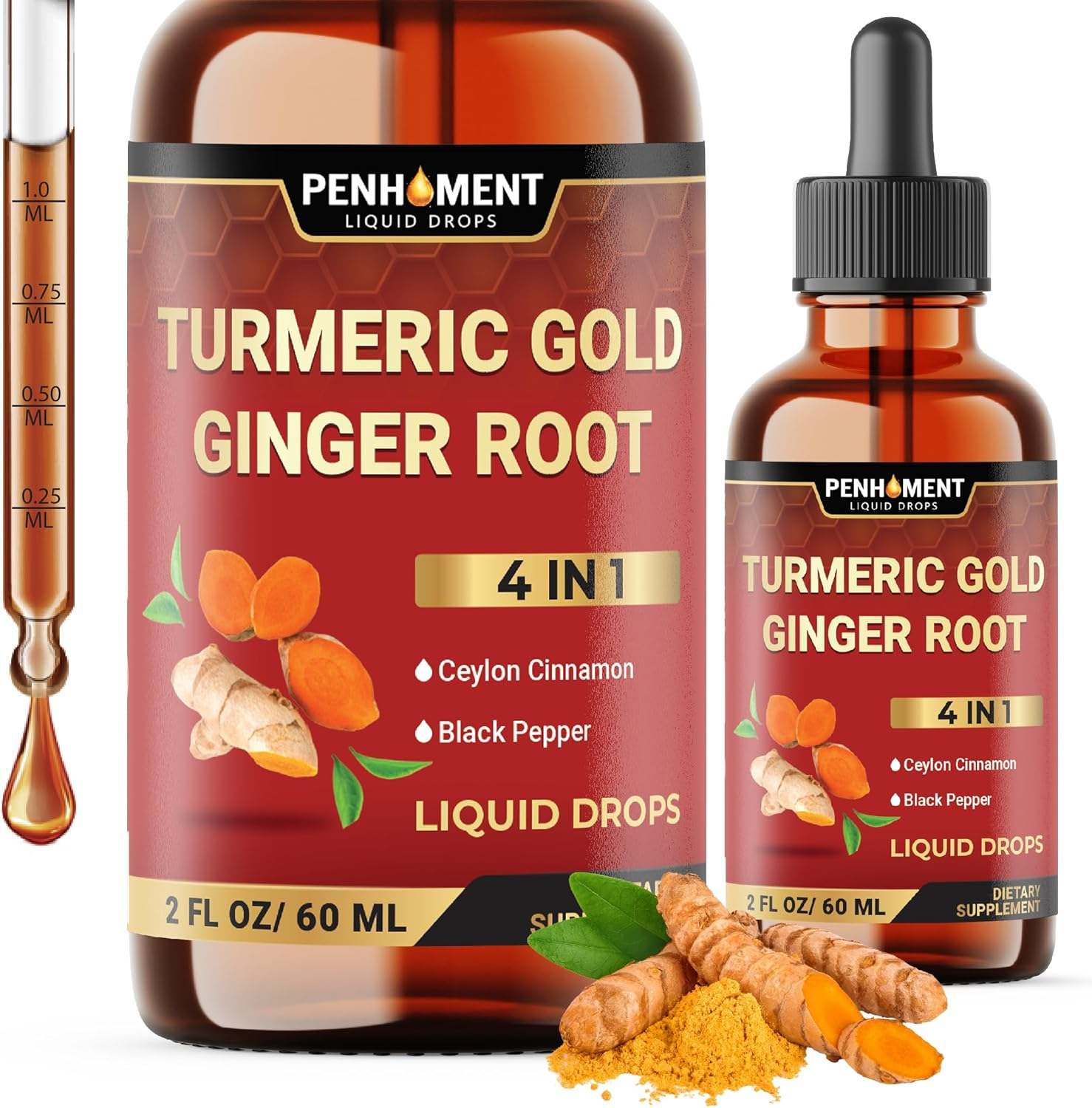 PENHOMENT 4 in 1 Liquid Turmeric Curcumin Drops Ginger Ceylon Cinnamon and Black Pepper - 2FL Oz - 60 Servings image number 6
