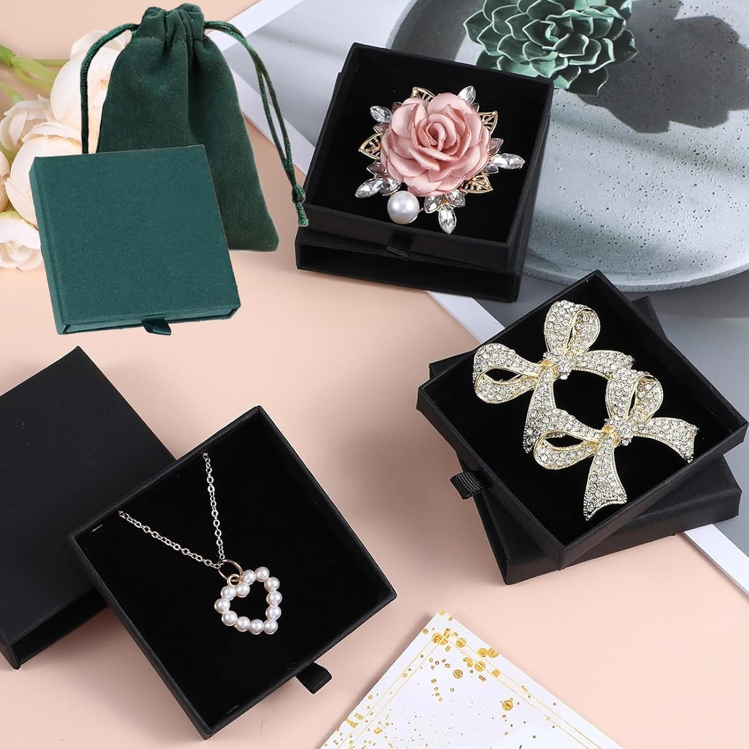 6 PCS Small Gift Box Set with Lids, Necklace Box and Jewellery Storage, Includes Black and Dark Green Gift Boxes with Drawstring Bags for Jewellery Presentation and Organisation