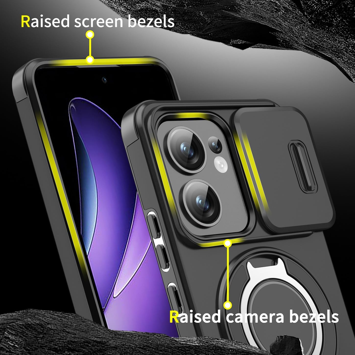 ILING Mobile Phone Case for Oppo Reno 13 FS (Oppo Reno 13F 5G/4G), Ultra Thin Military Shockproof Matte Hard PC Case, Soft Silicone TPU Protective Case with Magnetic Ring Stand and Camera Protection - Black image number 5