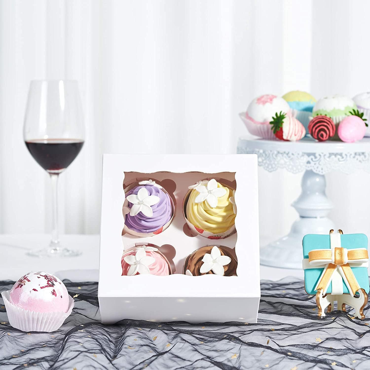 Romanticbaking 50 Pack White 4 Cupcake Boxes with Window Chocolate Bomb Boxes Bakery Box Cookies Boxes Strawberry Boxes image number 1