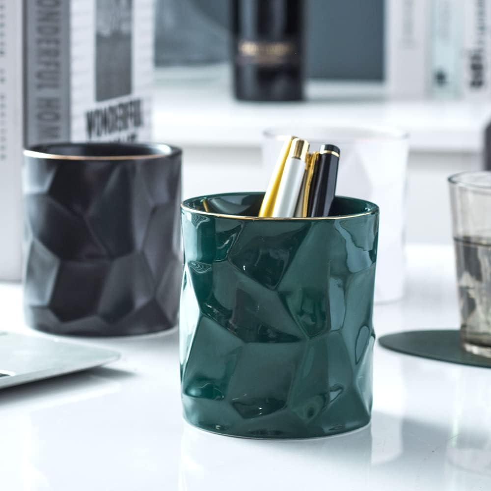 YOSCO Ceramic Irregular round Pen Holder for Desk Cute Stand Gold Line Aesthetic Pencil Cup Pot Desk Organizer for Men Women Makeup Brush Holder (Black) - Black,Gold image number 5