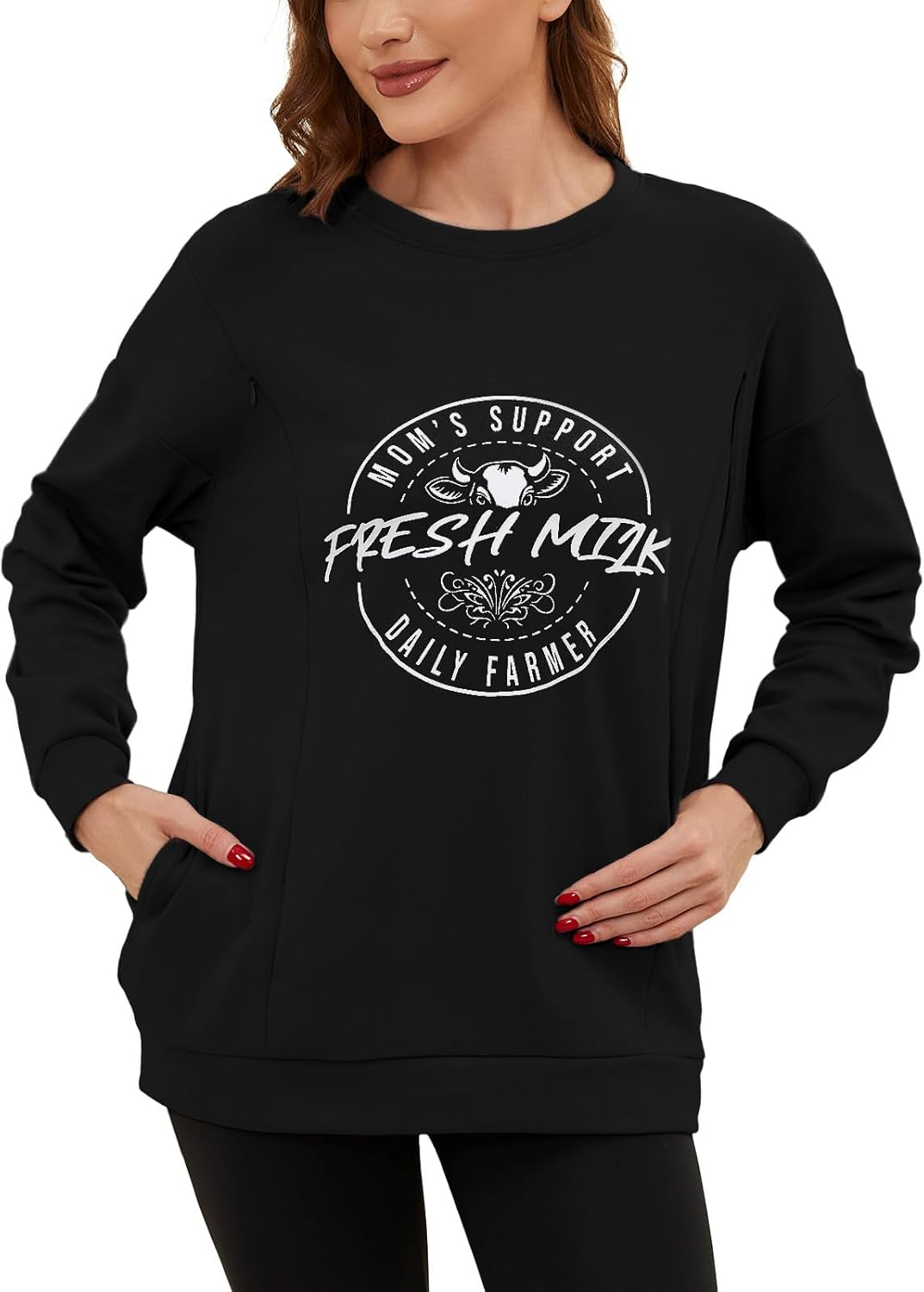 Love2Mi Women'S Long-Sleeved Nursing Shirt Casual Invisible Zip Sweatshirt for Breastfeeding Maternity Wear with Pocket