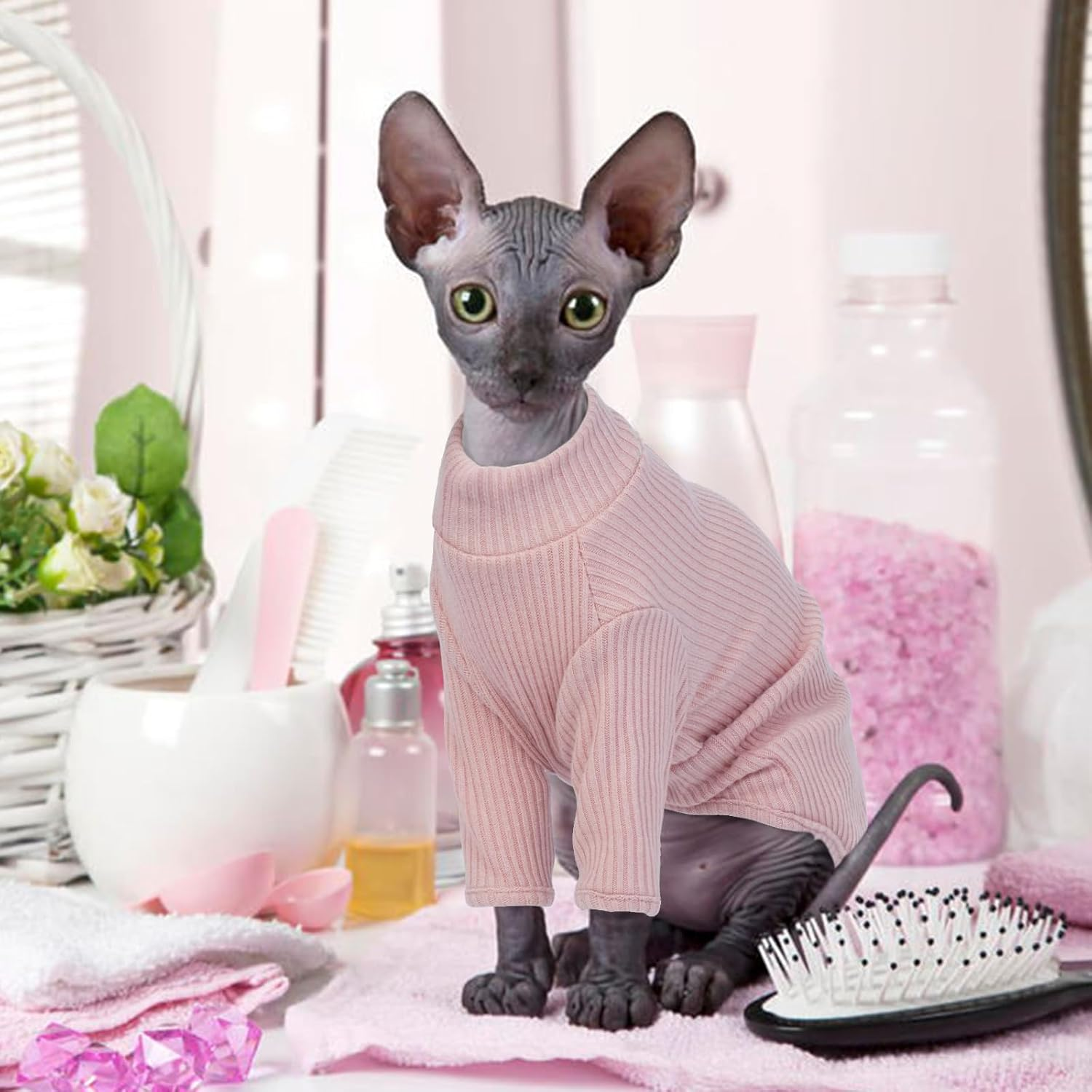 Hjyokuso Cat Clothes, Sphynx Cat Clothing, Cat Jumper Pink, Cat Jumpers for Cats Only, Kitten Clothes Jumper, Breathable Cat Pyjamas, Warm Cat Coat, Cat Sweater, Cat Vest for Sphynx,Cornish Rex - L image number 3