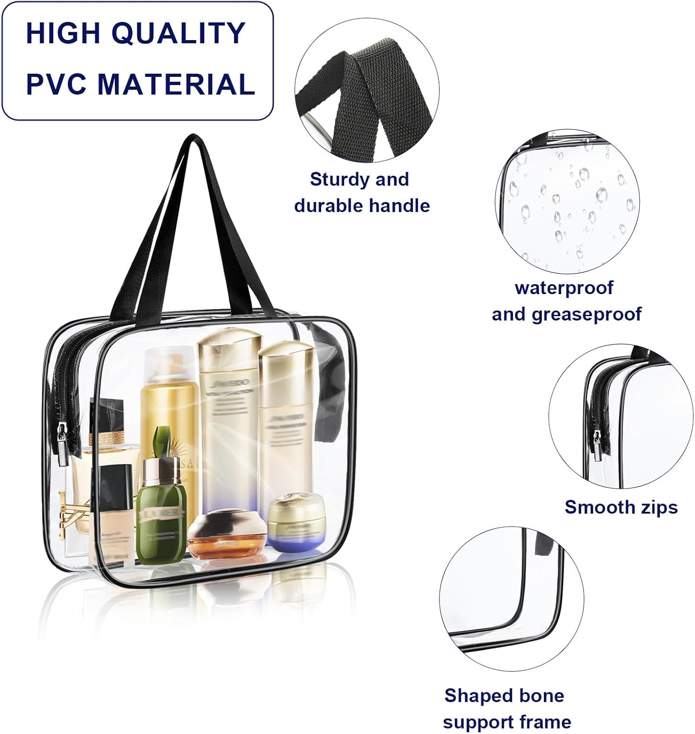 2 Pack Clear Toiletry Bags, Clear Plastic Tote Bags with Zippers, Clear Cosmetic Makeup Bags for Travel, Beach Vacation, and Bathroom (Black) image number 4