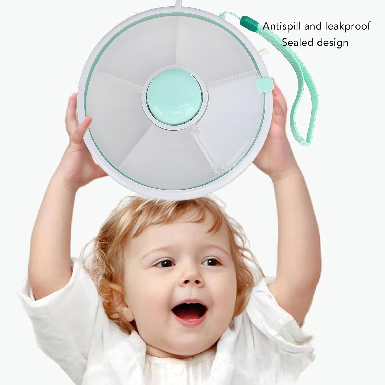 Rotating Kids Food Box, 360&deg; Rotating Snack Bundle, Reusable Snack Container with 5 Compartment Dispenser and Lid, No Spill, Leakproof, Dishwasher Safe, for Home, Travel (Green) - Roseate image number 7