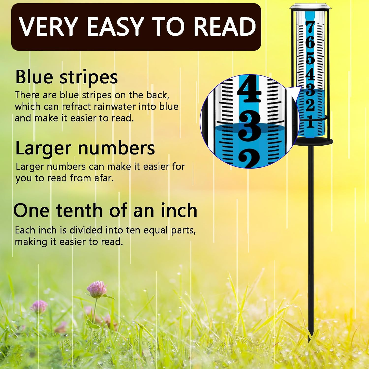 Rain Gauge Outdoor,Accurate Rain Gauges Outdoors Best Rated,Upgraded Freeze Proof Rain Measure Gauge for Yard Fence,Rain Meter with Stake,Large Font Water Gauge for Rain,Adjustable Height,Easy to Read image number 6