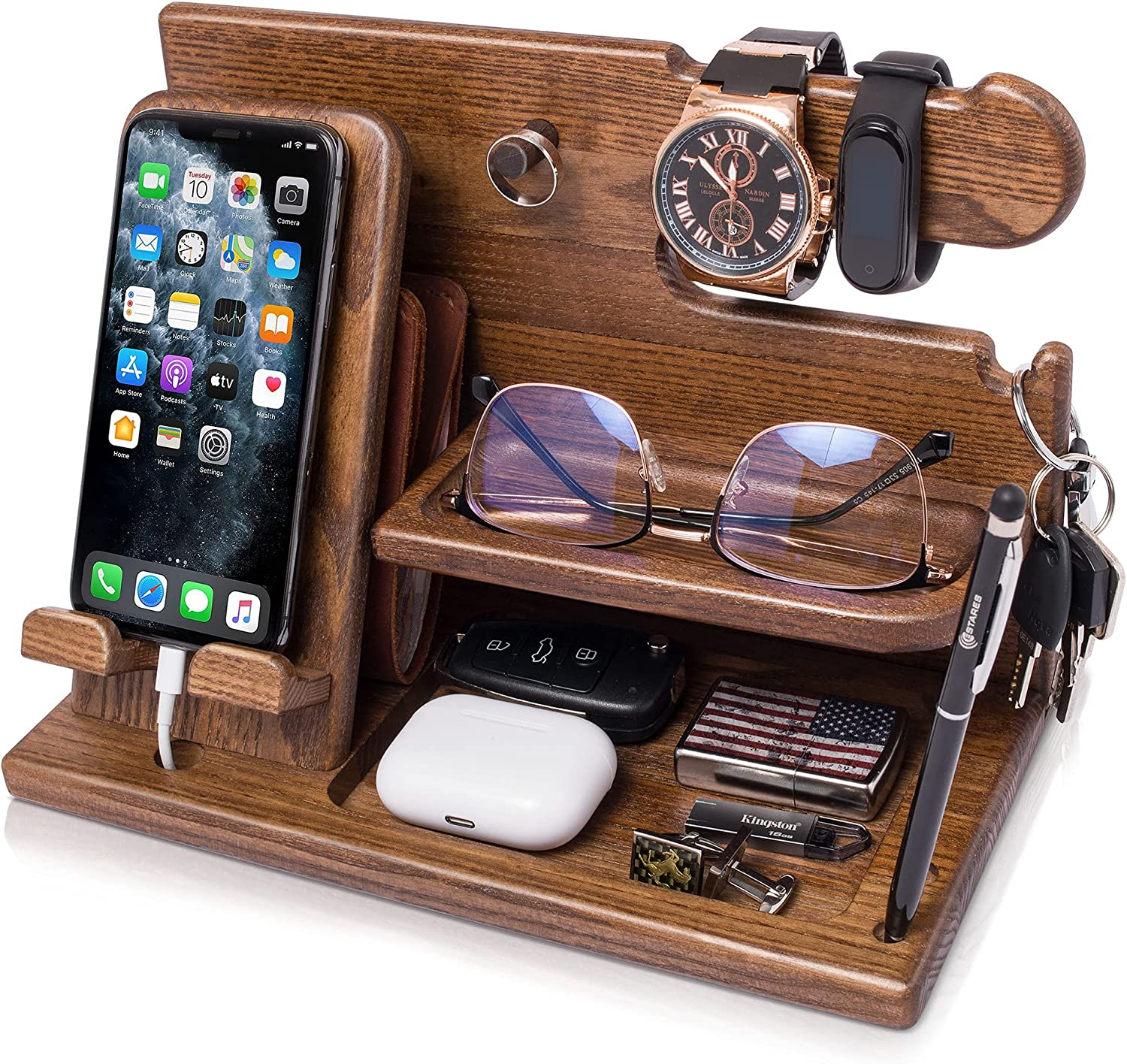 Wood Phone Docking Station Ash Key Holder Wallet Stand Watch Organizer Men Gift Husband Wife Anniversary Dad Birthday Nightstand Purse Father Graduation Male Travel Idea Gadget (Chestnut)