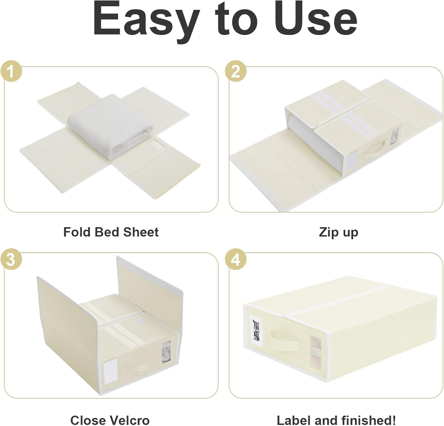 2 Pack Bed Sheet Organiser Storage, Foldable Linen Storage Box with Handles and Labels for Bedding & Linen(Queen and King Size), Bedsheet Organiser with Window for Sheets, Duvet Cover, Beige image number 1