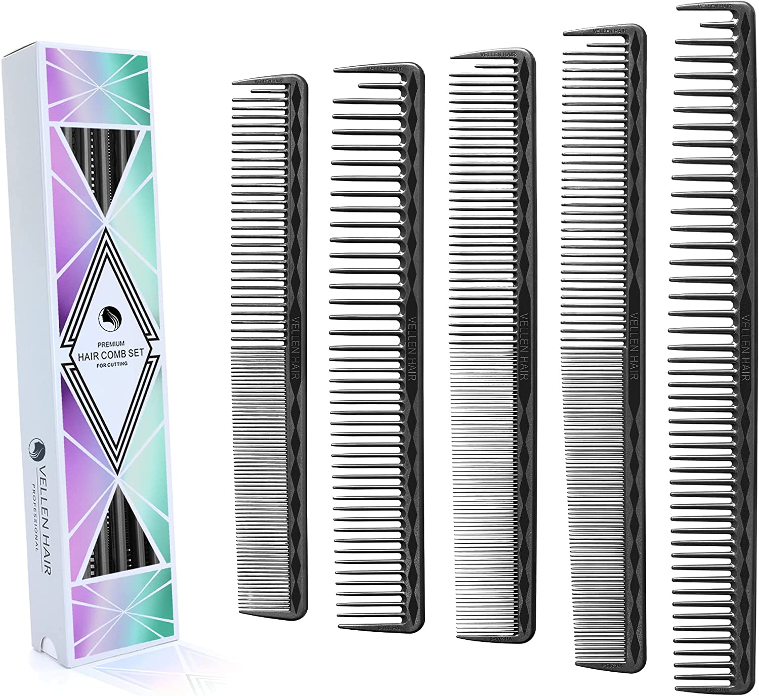 Vellen Hair Ultimate Cutting Comb for Men Women, Unbreakable PEI Material 430&deg;F Heat Resistant Barber Styling Combs for Hairdressers , Little Combs Fine Teeth and Extra Wide Tooth Combs for Hair Stylist , 5-Pack Different Sizes (Black)