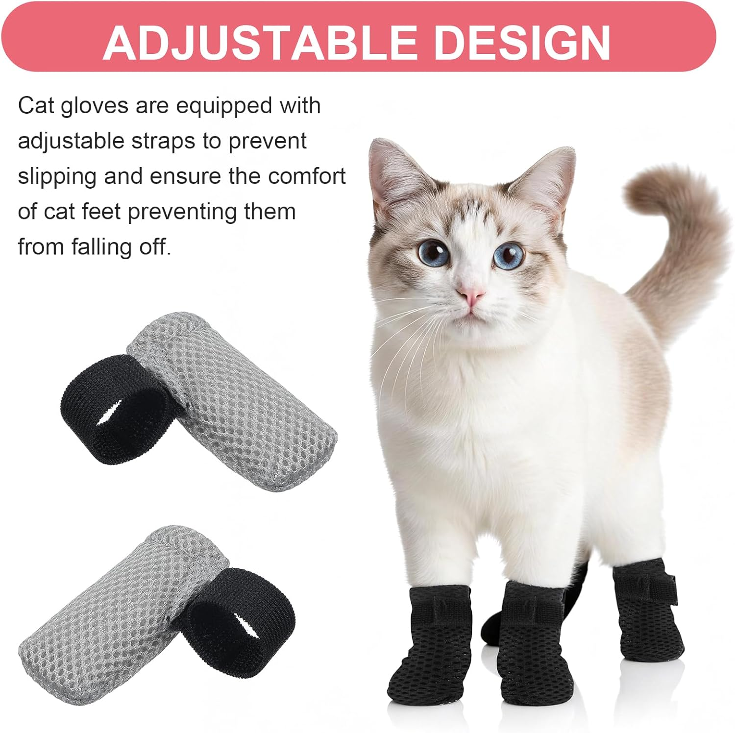 CIATBYYJ Pack of 8 Adjustable Mesh Cat Shoes, Anti-Scratch Cat Socks, Cat Paw Protection, Cat Shoes, Claw Protection, Cat Boots for Bathing, Cutting Nails (Grey, S) image number 3