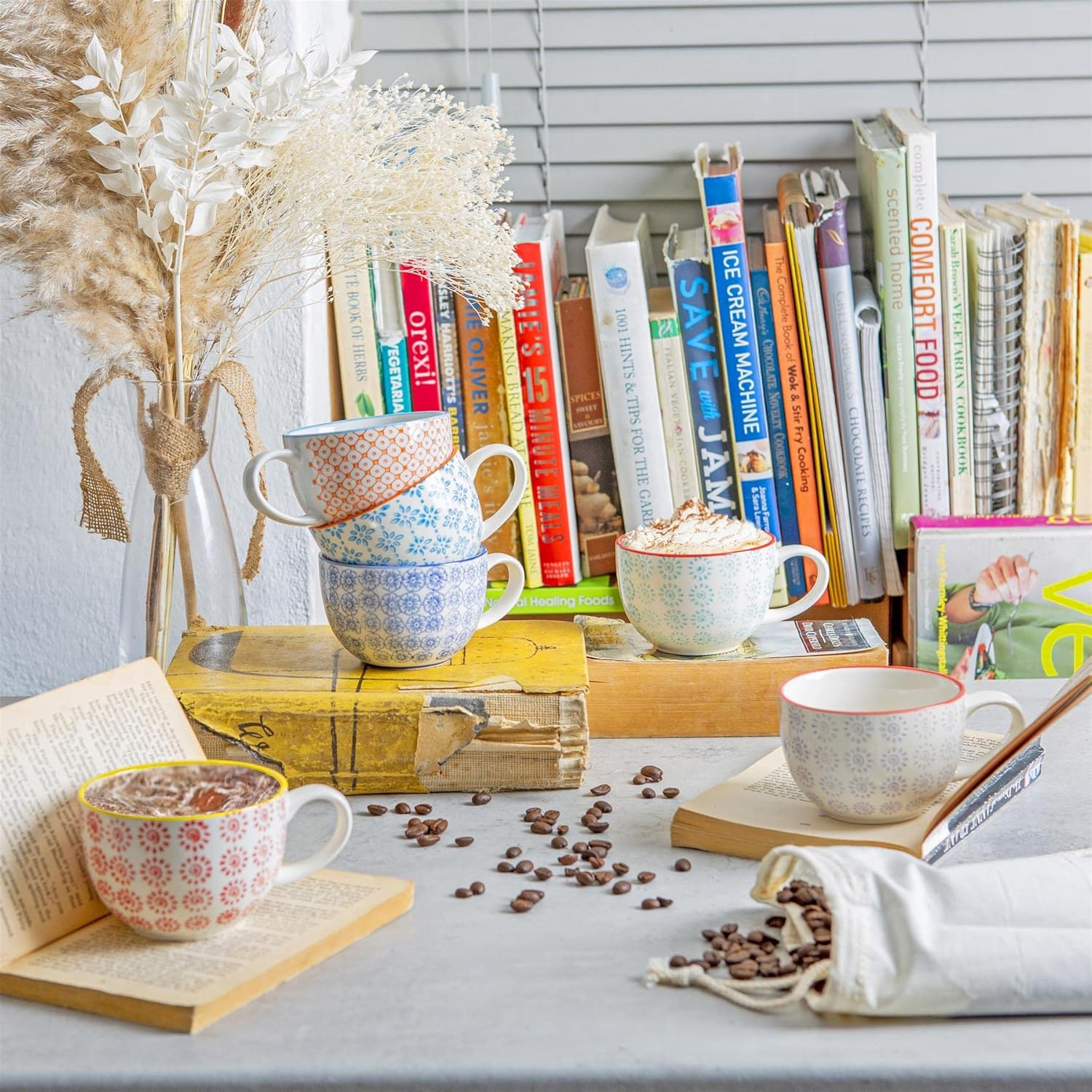 Nicola Spring Cappuccino Cups Set - 250Ml - Pack of 6-3 Coloured Hand Printed Tea Cup Coffee Cappuccino Mugs Latte Drinking Mug Tea Saucer Plates for Breakfast, Lunch, Brunch image number 6