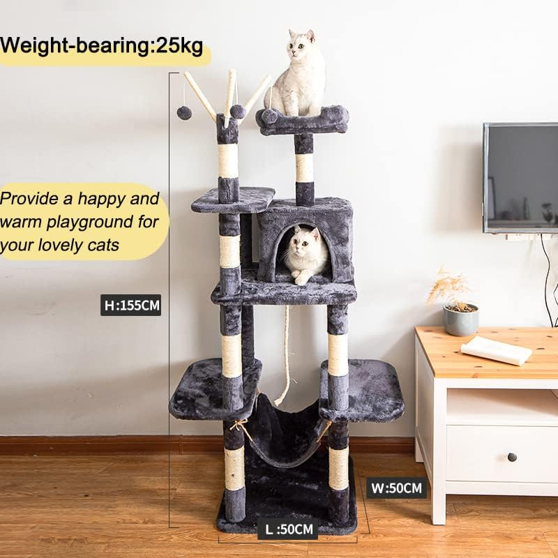 UPET Cat Tree 155Cm Luxury Cat Tower with Scratching Posts Board Multi-Level Houses Prech for Indoor Cats Heavy Duty Cat Cage Condo Shelves for Kittens Pet Play House Furniture（Dark Grey） image number 4