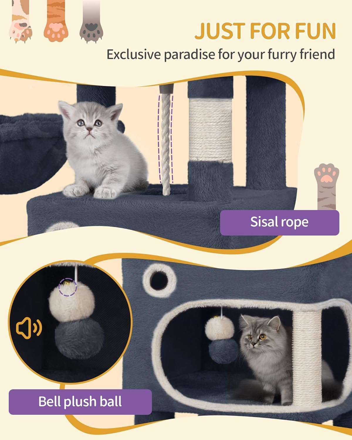 Hzuaneri Cat Tree for Indoor Cats, Cat Tower, Multi-Level Cats Condo with 8 Scratching Posts, 3 Platforms, 2 Caves, Basket, Plush Balls, Sisal Rope, Anti-Tip Kit, 180Cm Dark Gray MS18018SG image number 3