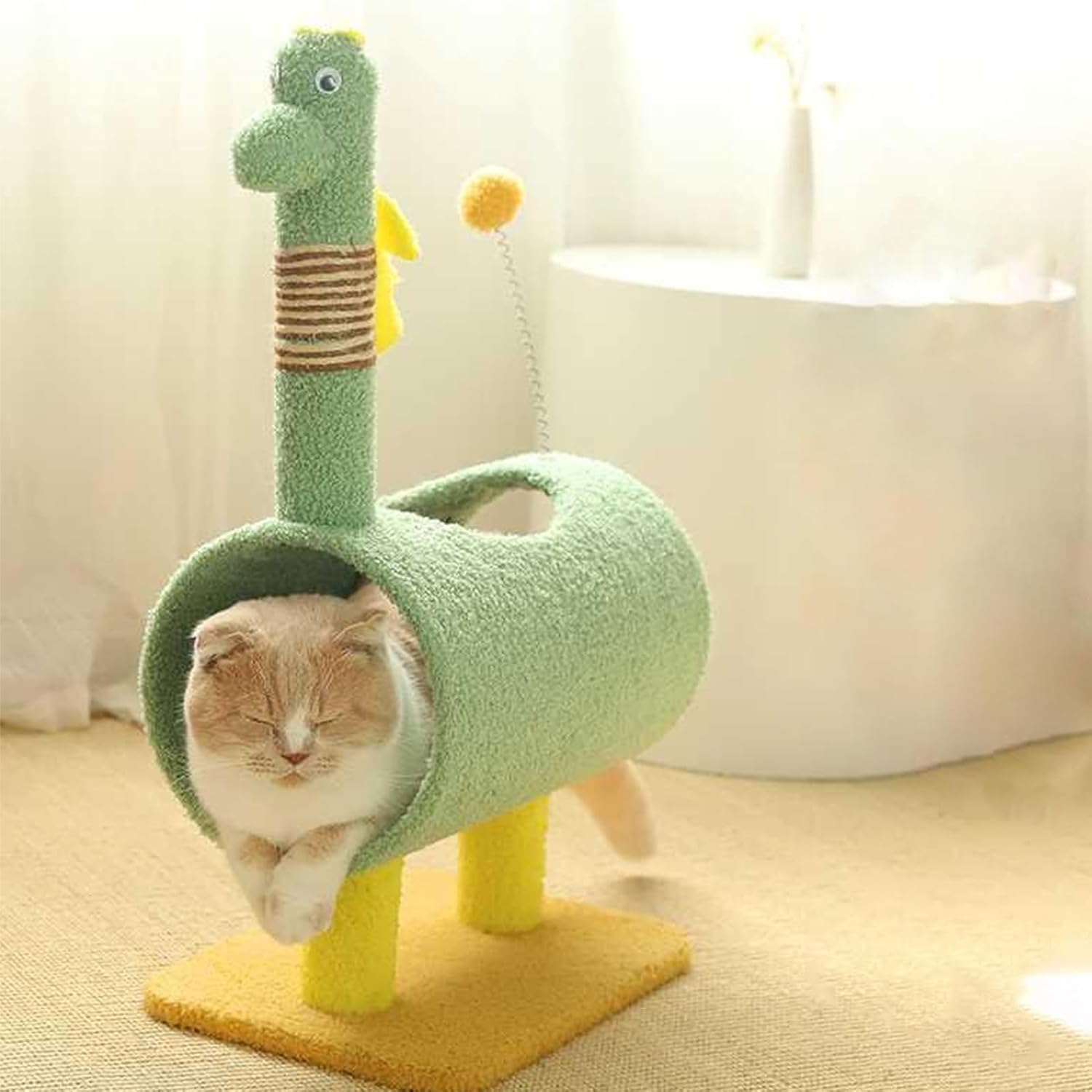 Cute Cat Tree, Cat Scratching Post with Tunnel, 28In Cat Climbing Tower, Handcrafted Sisal Cat Tree for Indoor Cats Kittens Green image number 5