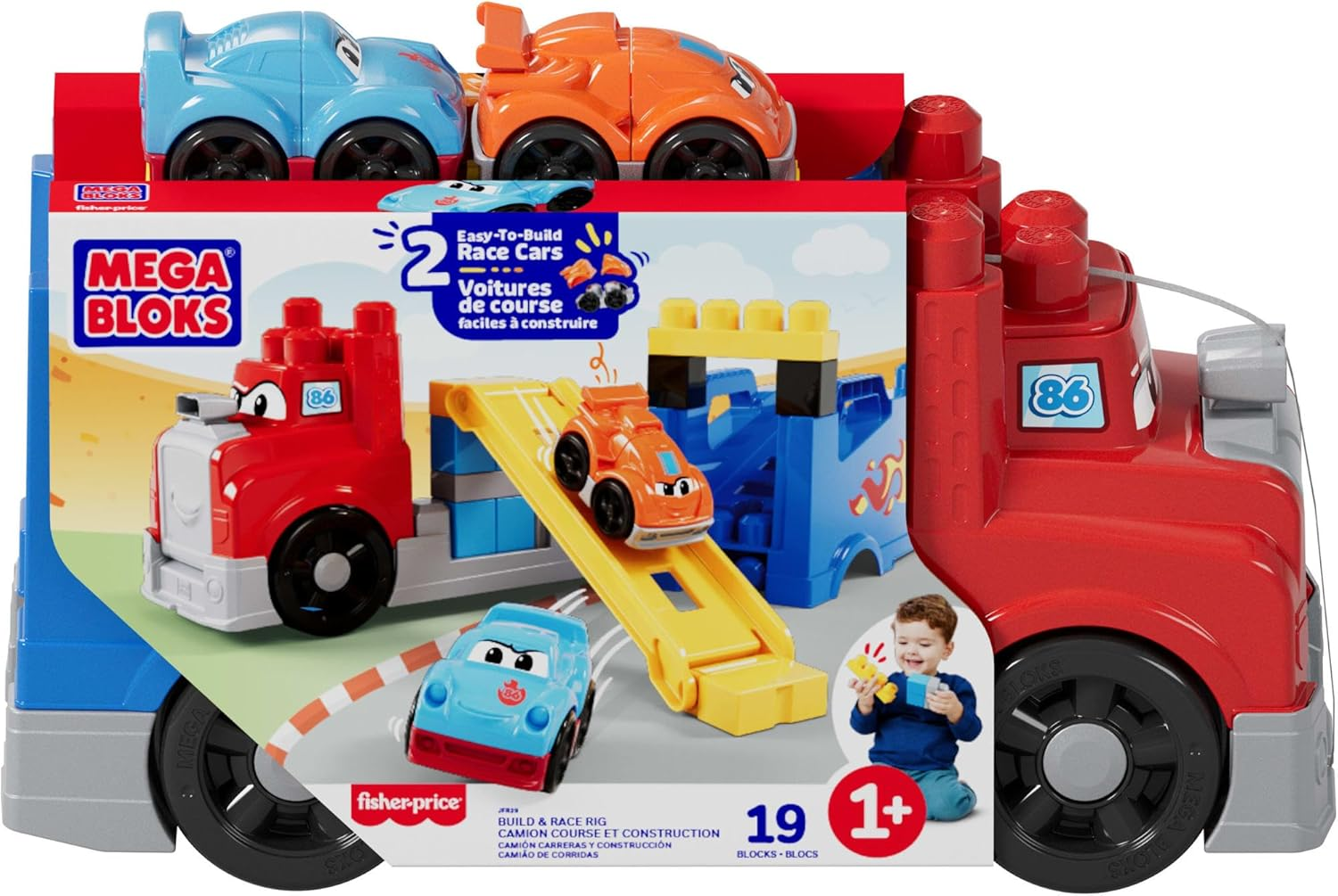 MEGA BLOKS First Builders Toddler Building Blocks Toy Set, Build & Race Rig with 19 Pieces, 2 Race Cars and Storage, Red, Ages 1+ Years image number 5