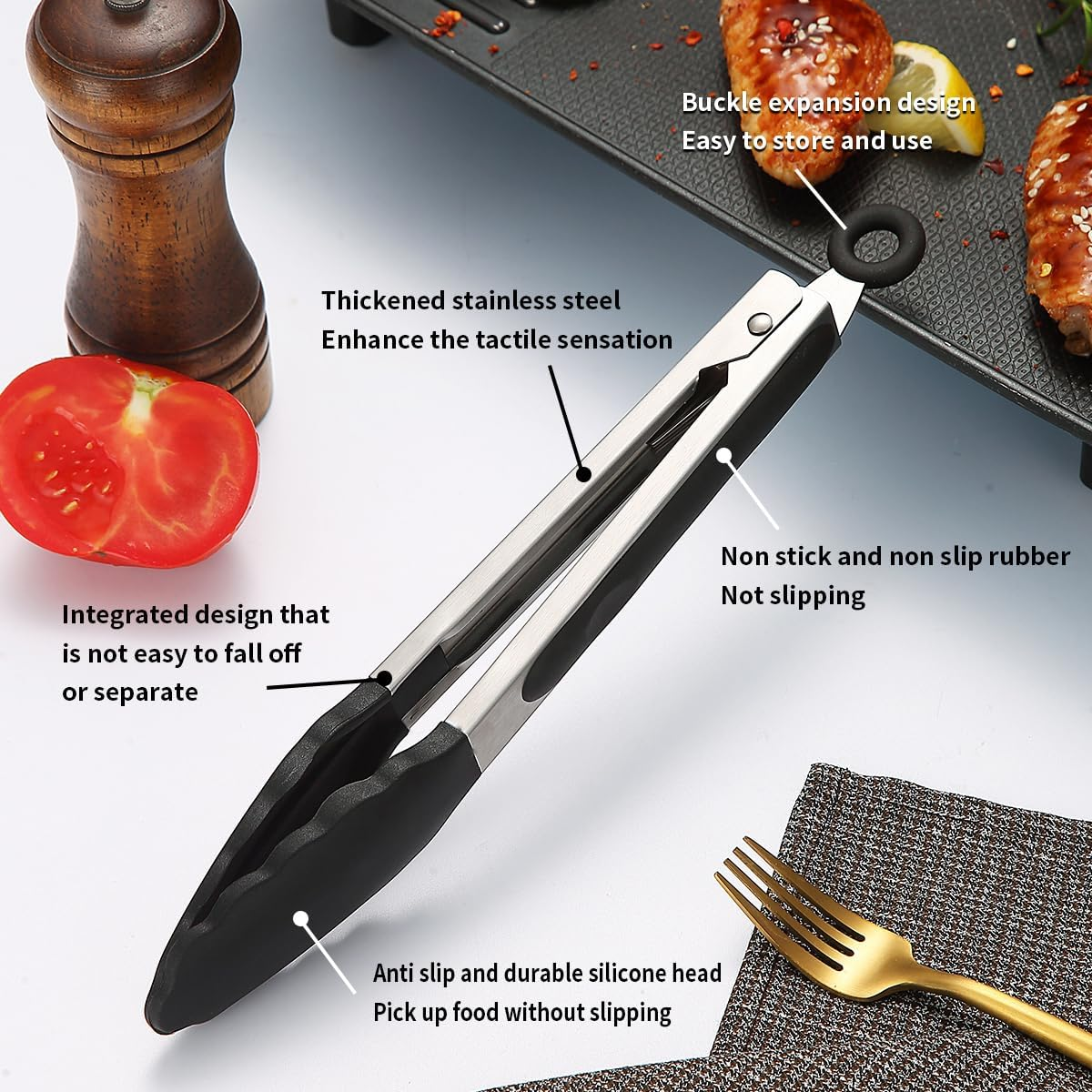 Premium Stainless Steel Locking Kitchen Tongs with Silicon Tips 23Cm/9", Berglander Heavy Duty Good Locking Food Tongs Non-Slip Grip Cooking Tong