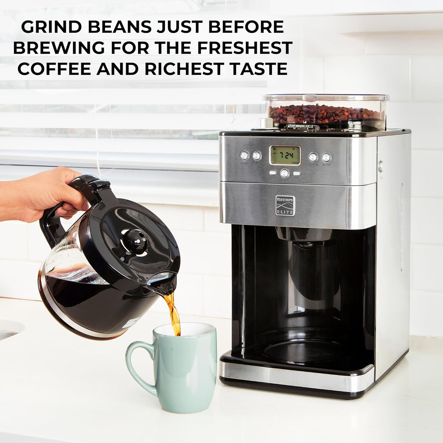 Kenmore Elite Grind and Brew Coffee Maker W/Burr Grinder, 12 Cup Programmable Automatic Timer, Air-Tight Bean Hopper, Grind Size and Brew Strength Selectors, Stainless Steel