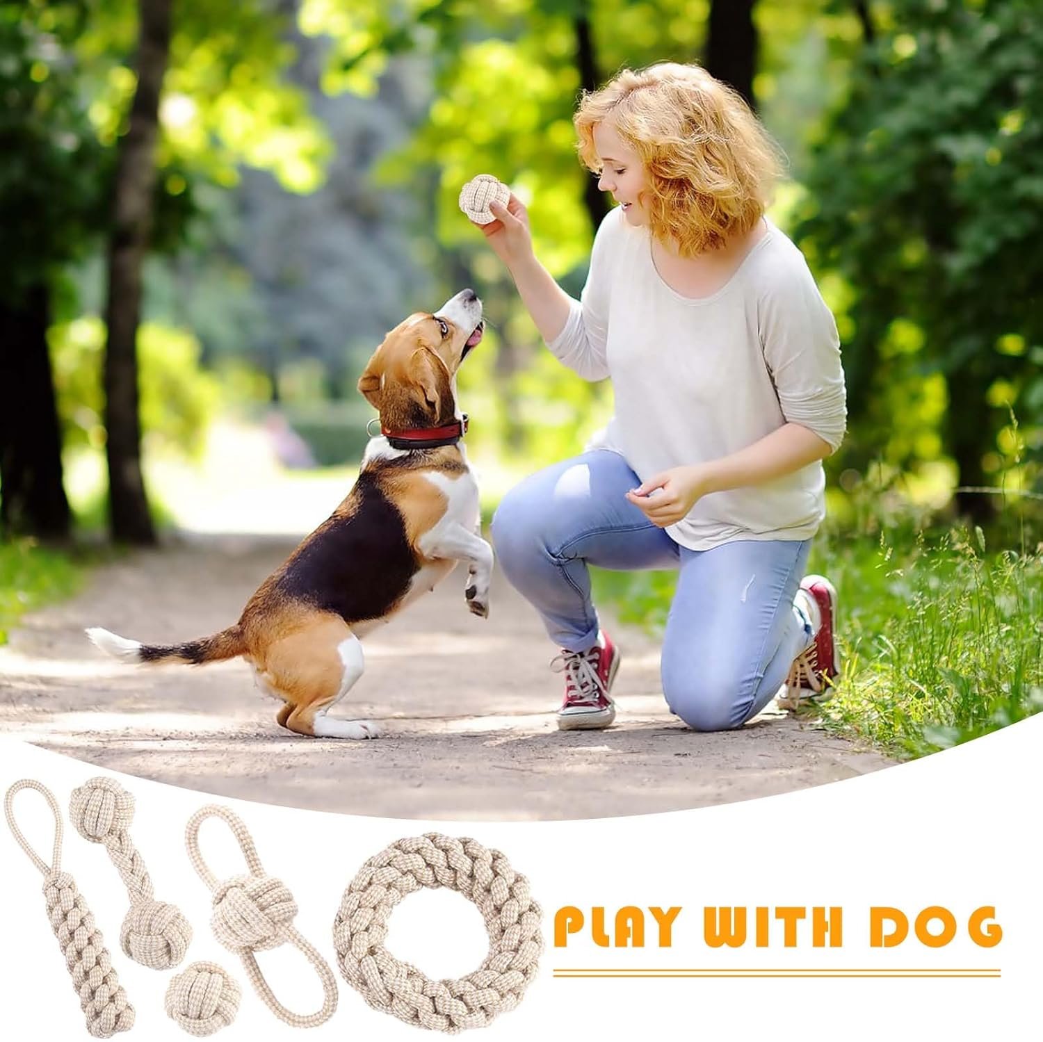 5-Piece Chew Dog Toy Set, Interactive Chew Toy Made of Natural Cotton, Dog Toy Rope with Knot Ball, for Small, Medium, Large Puppies, Cats, Pets, Dental Care, Beige Linen image number 6