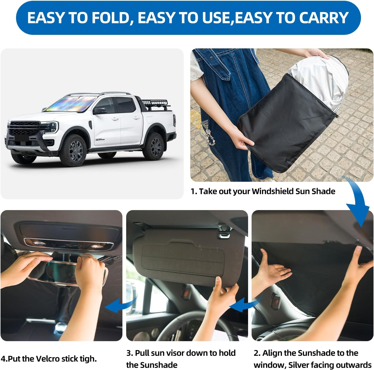 Magnelex Car Windshield Sunshade with Bonus Steering Wheel Sun Shade. Reflective Polyester Blocks Heat and Sun. Foldable Sun Shield That Keeps Your Vehicle Cool (XL 57X 35.4 In) image number 3