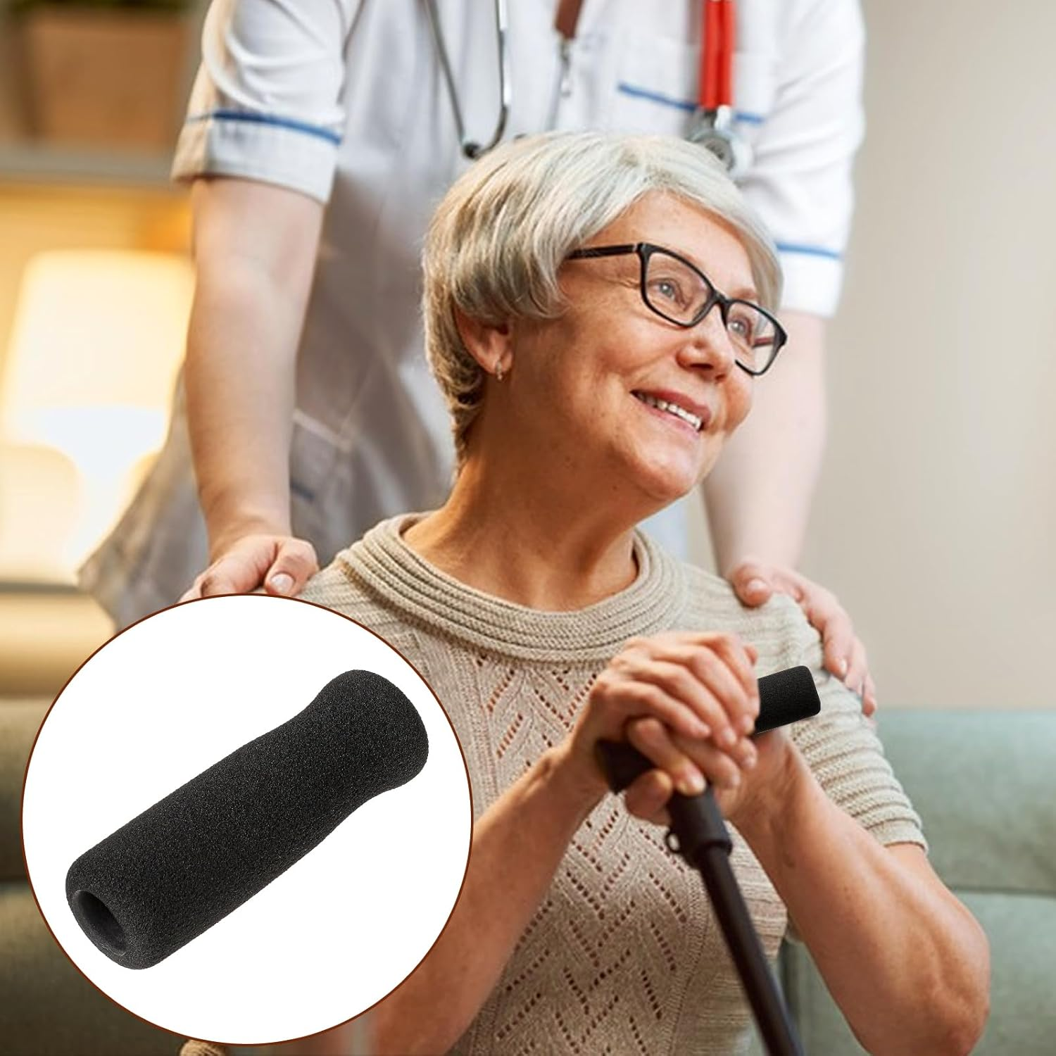 Cane Handle Grip Replacement, 2 PCS Walking Canes Grips for Seniors Cane Handle Grip Stick Replacement Offset Cane Handle Grips Crutch Hand Grips Black Foam Cane Grip Replacement for Cane Accessories image number 5