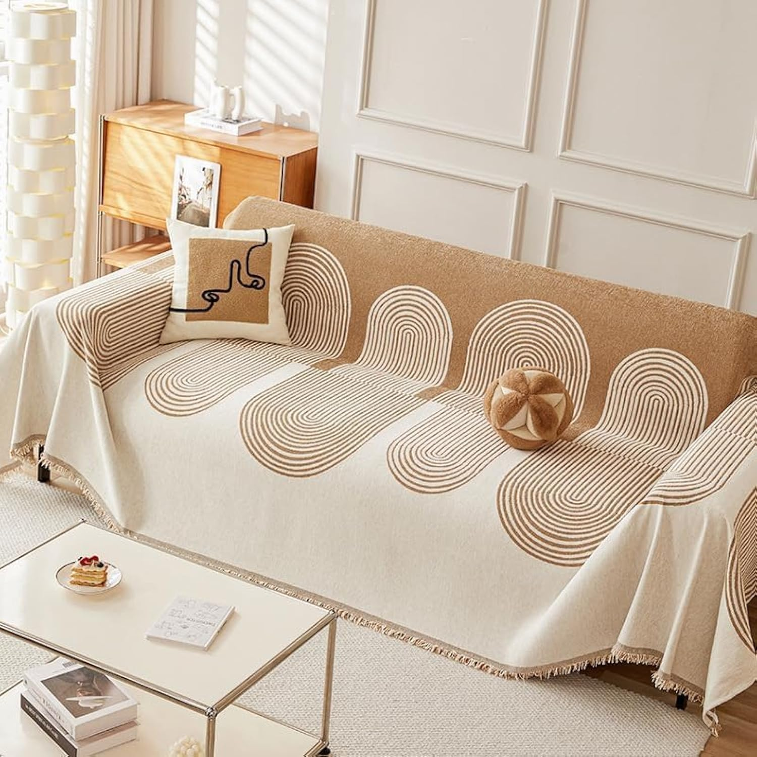 Double Sided Chenille, Soft Sofa Cover Towel, Couch Slipcovers with Tassels Couch,Stylish Sofa Cover Can Be Used as Sofa Blanket, Shawl, Usable in All Seasons (Beige-White, 180 * 300Cm)