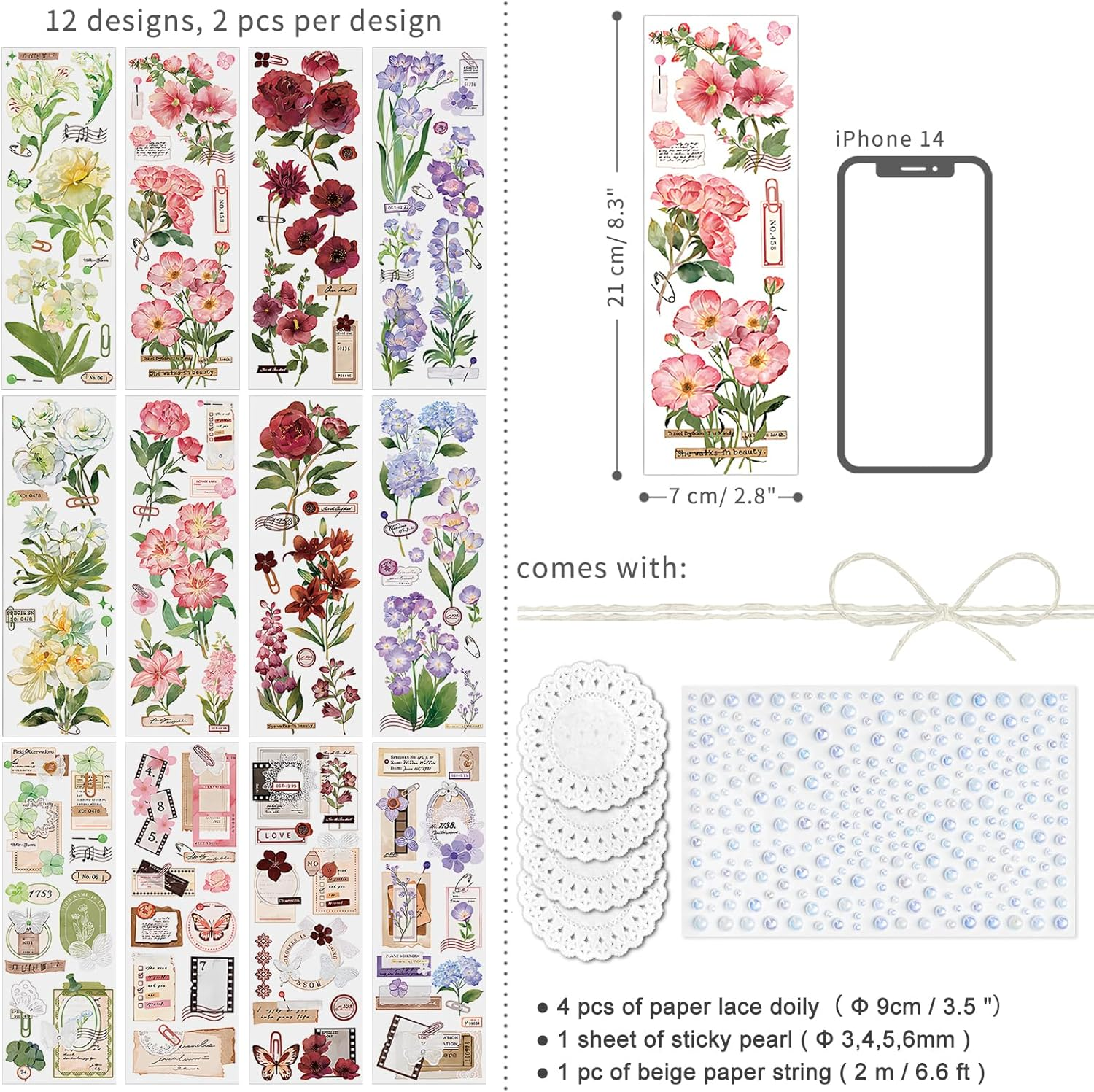 4 Packs Vintage Flower Sticker Scrapbook Sticker Decorative Floral Decal Planner Sticker for DIY Crafts Card Making Decoration Album Diary Calendar Schedule Journaling Kit (Letter) image number 2