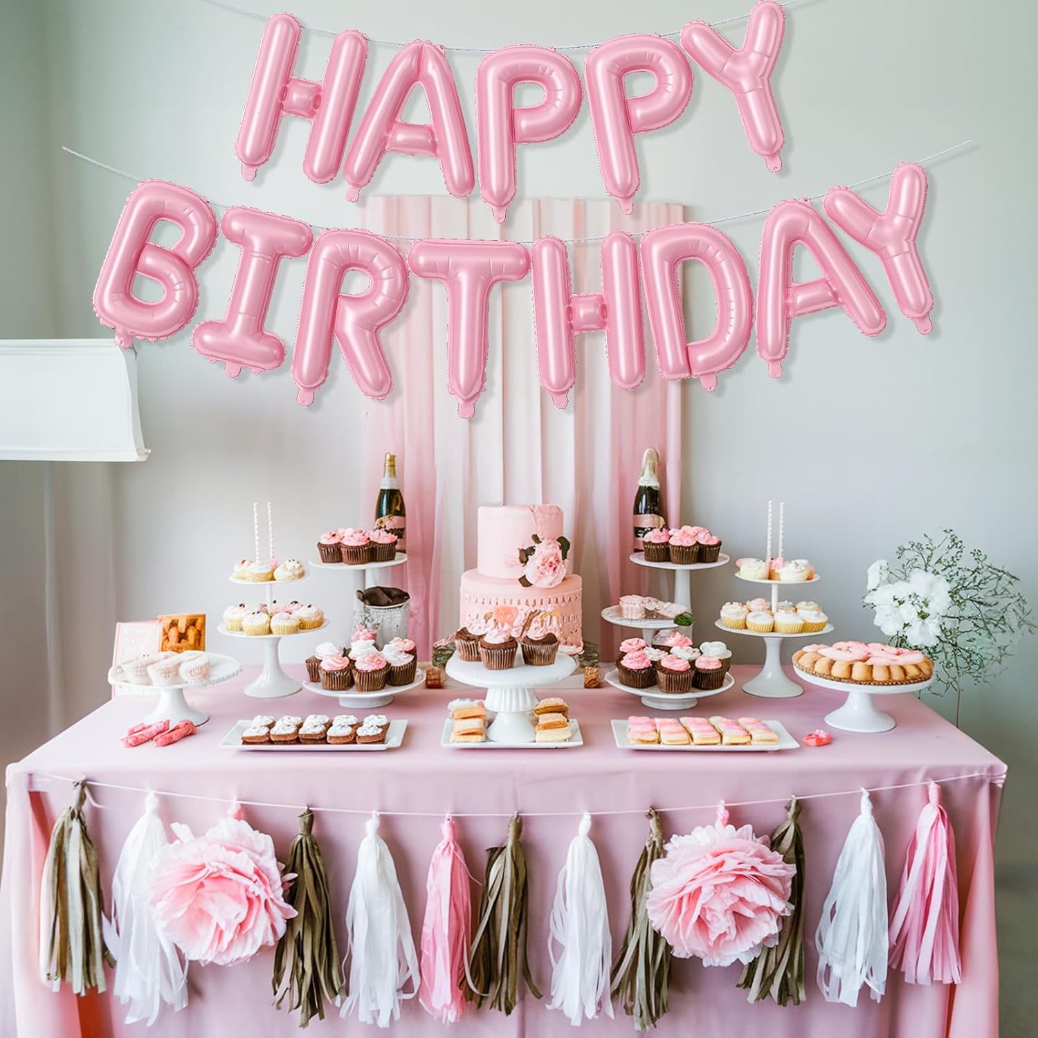 Pink Happy Birthday Balloon Banner, 16 Inch Pastel Pearl Baby Pink Self Inflating Happy Birthday Mylar Foil Balloon, Birthday Bunting Banner Letter Balloons for Girls Women Birthday Party Decorations image number 1