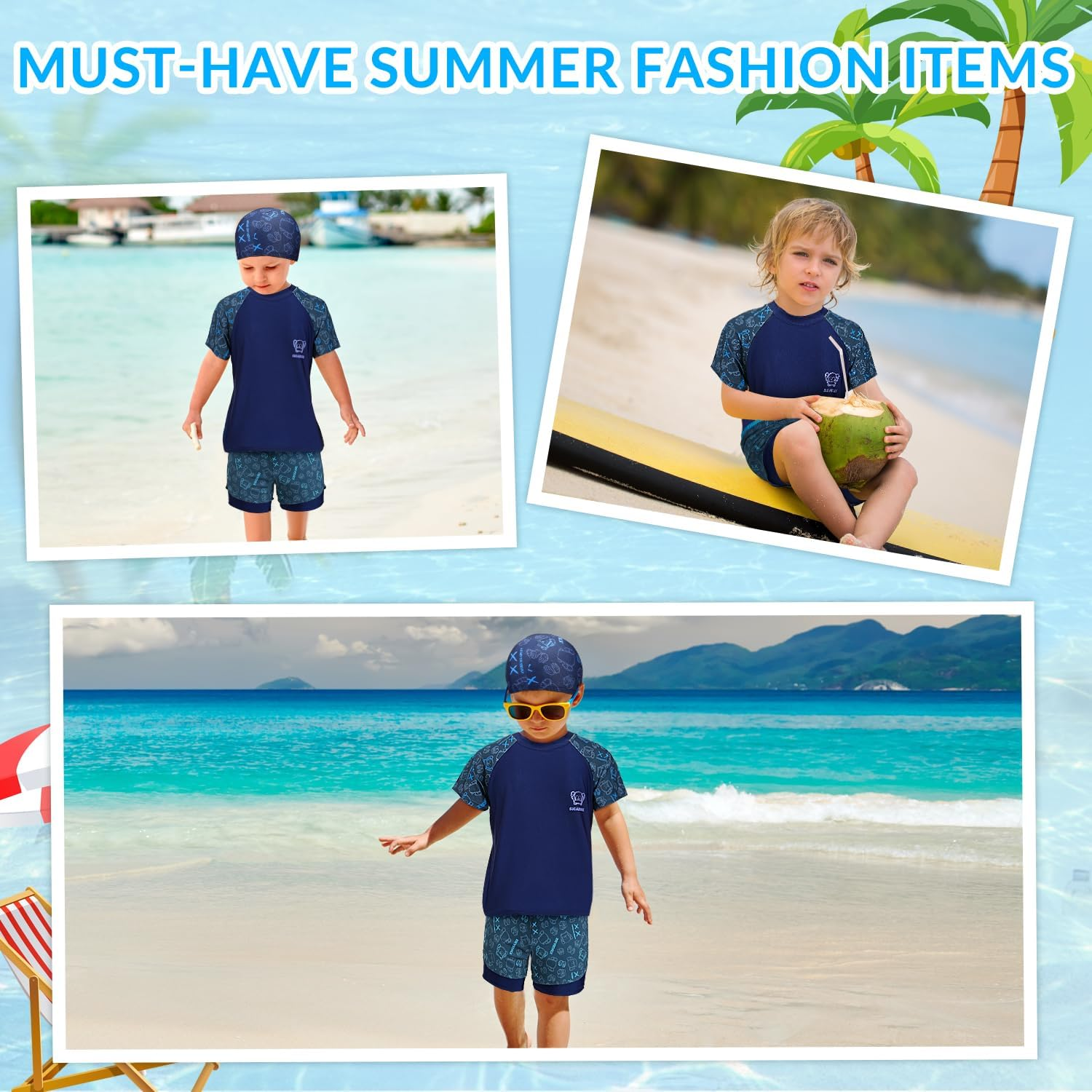 WOTOW Boys Short Sleeve Swimsuit, 3 Piece Rash Guard Swimsuit Set Short Sleeve Bathing Suit with Swimming Cap, Summer Quick Dry Swimwear for Kids Boys 4-16 Years image number 2