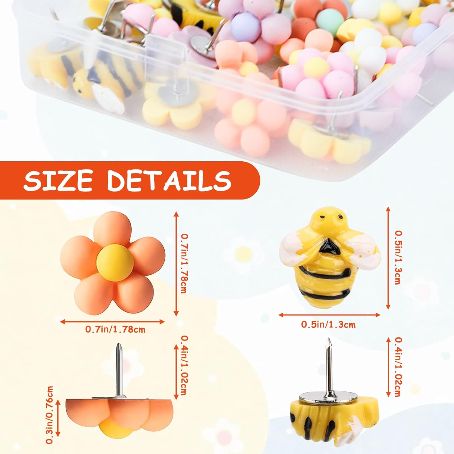 46Pcs Flower Drawing Pins for Pinboard, Bee Push Cute Pin Board Pins with Storage Box, Thumbtacks Reusable Pushpins Pins for Cork Board, School, Office Map, Photo Wall Use image number 6