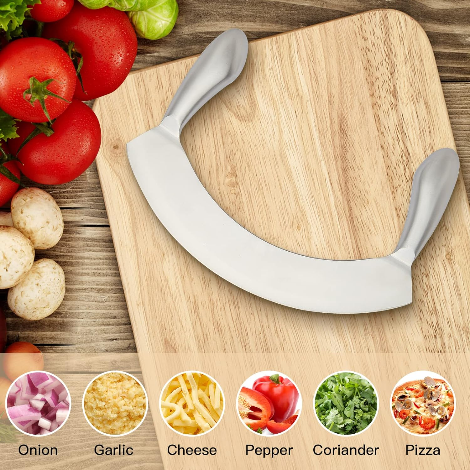 8.7 Inch Mezzaluna Knife with Wood Cutting Board - Stainless Steel Salad Chopper Rocker Pizza Cutter Rocker Knife Curved Blade Sharp Blade Double Handle Fruit Vegetable Mincing Knife image number 1