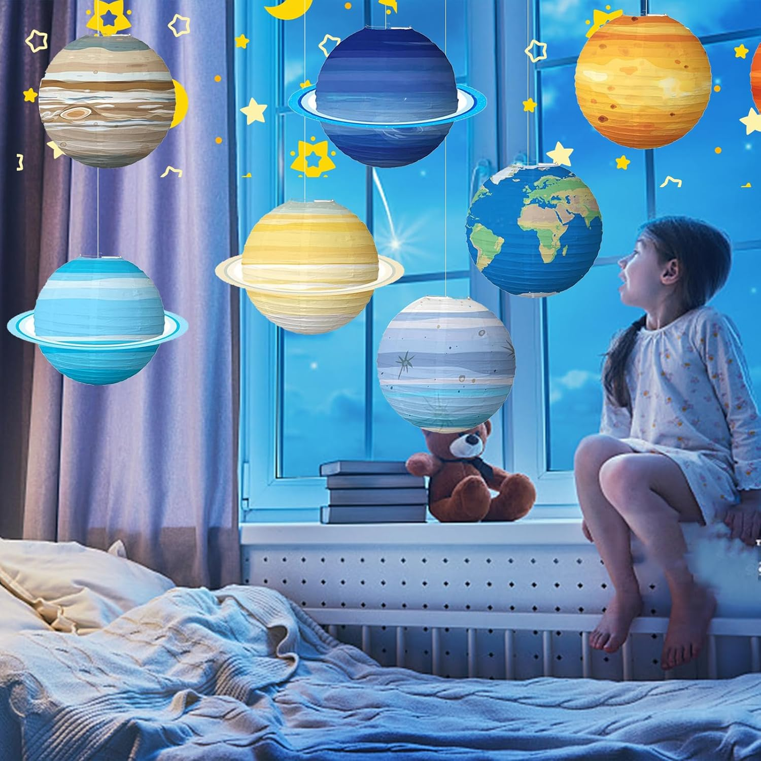 Pack of 8 Planet Paper Lanterns, Space Themed Lanterns, Hanging Planet Lanterns, Solar System, Paper Lanterns for Classroom, Science, Birthday, Patry Decorations, Multicoloured image number 3