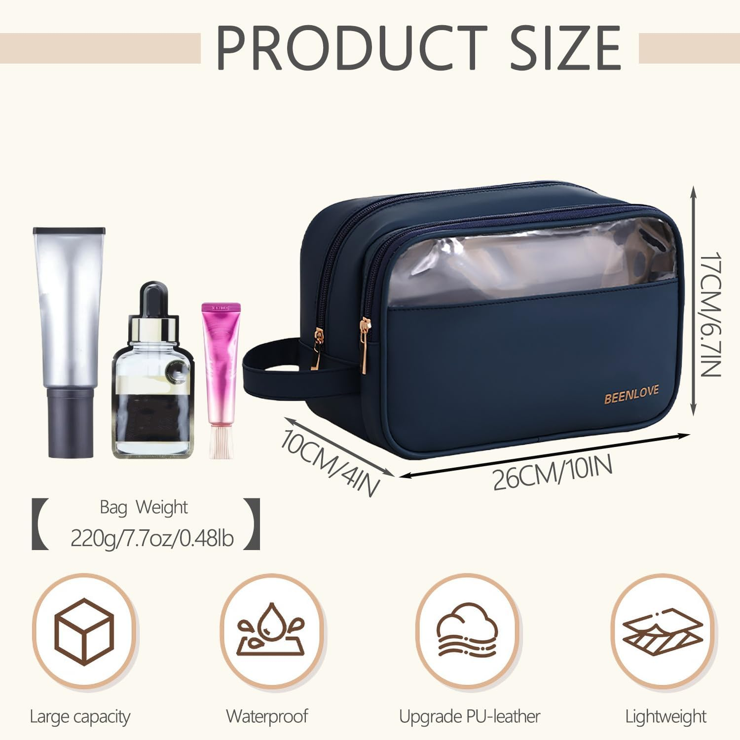 Portable Travel Waterproof Makeup Bag/Cosmetic Bag with Golden Zip for Women and Girls/Wide Open Cosmetic Organiser Made of PU Leather with Side Handle/Nail Polish & Makeup Brush, Navy, 25CM image number 1