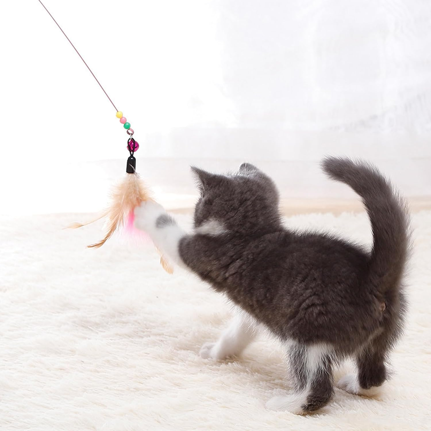 RANYAKE 2Pcs Feather Teaser Cat Toy, Cat Feather Toys, Interactive Cat Catcher and Exerciser Wand, Cat Teasing Sticks with Bells and Feathers, Comes with a Replaceable Feather Toy, Cat Accessories image number 1