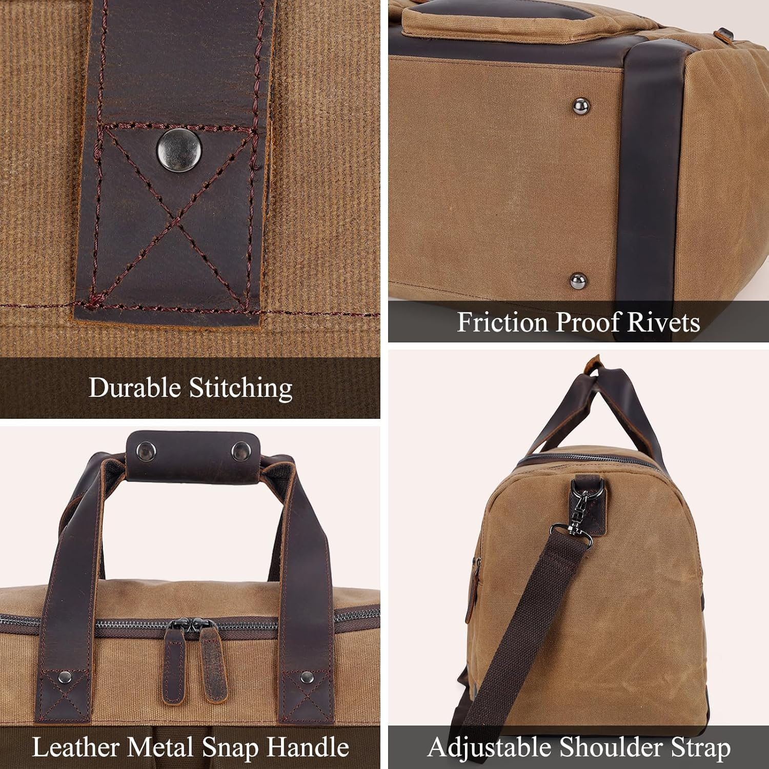 Tiding Men'S Waxed Canvas Cowhide Leather Travel Duffle Bag Waterproof 23 Inch Duffel Bag Weekender Overnight Vintage Travel Hand Bag Carry on Bag image number 6