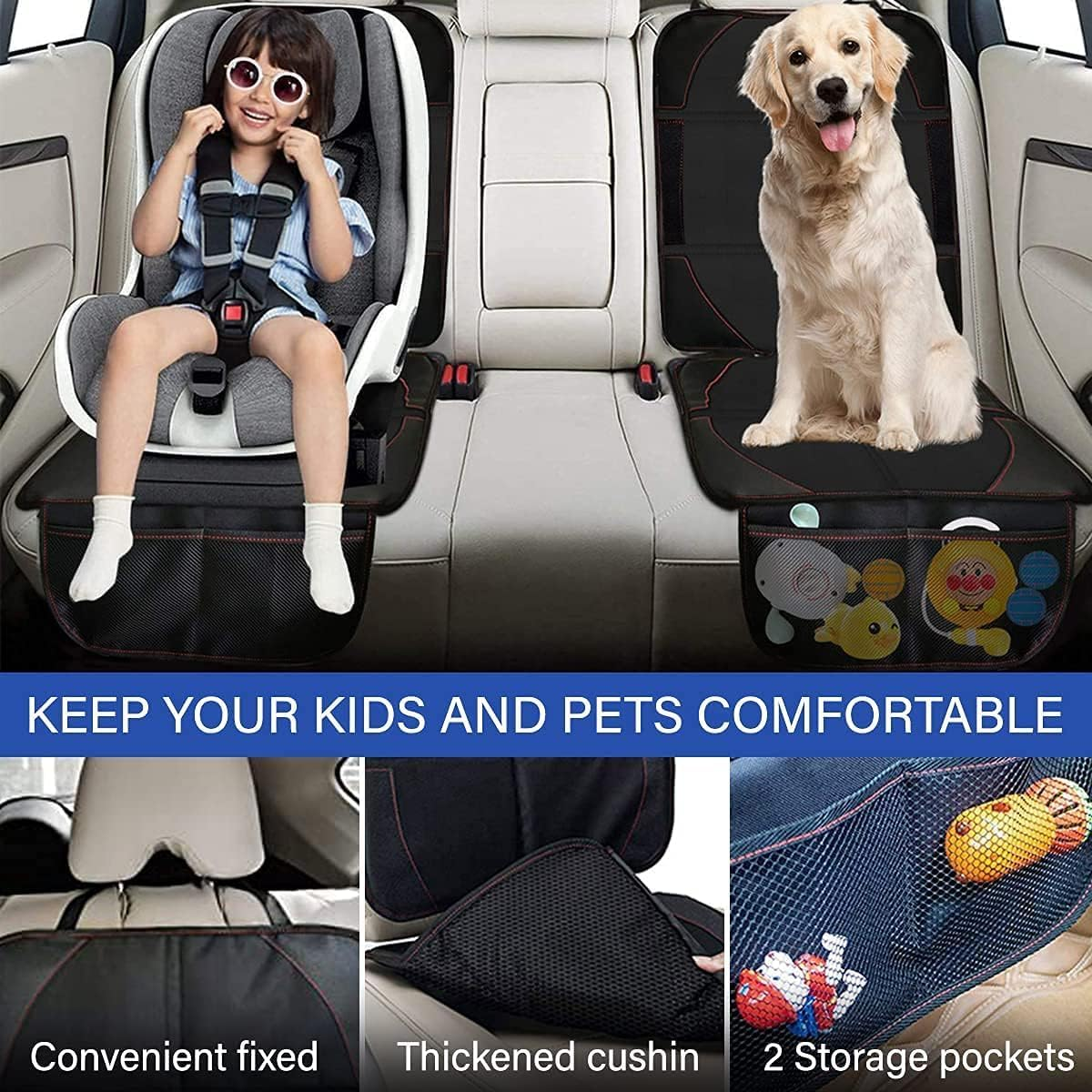 2 Pack Car Seat Protector for Child Seats, Waterproof Non-Slip with Storage Pockets, for Baby and Pet, Black image number 5