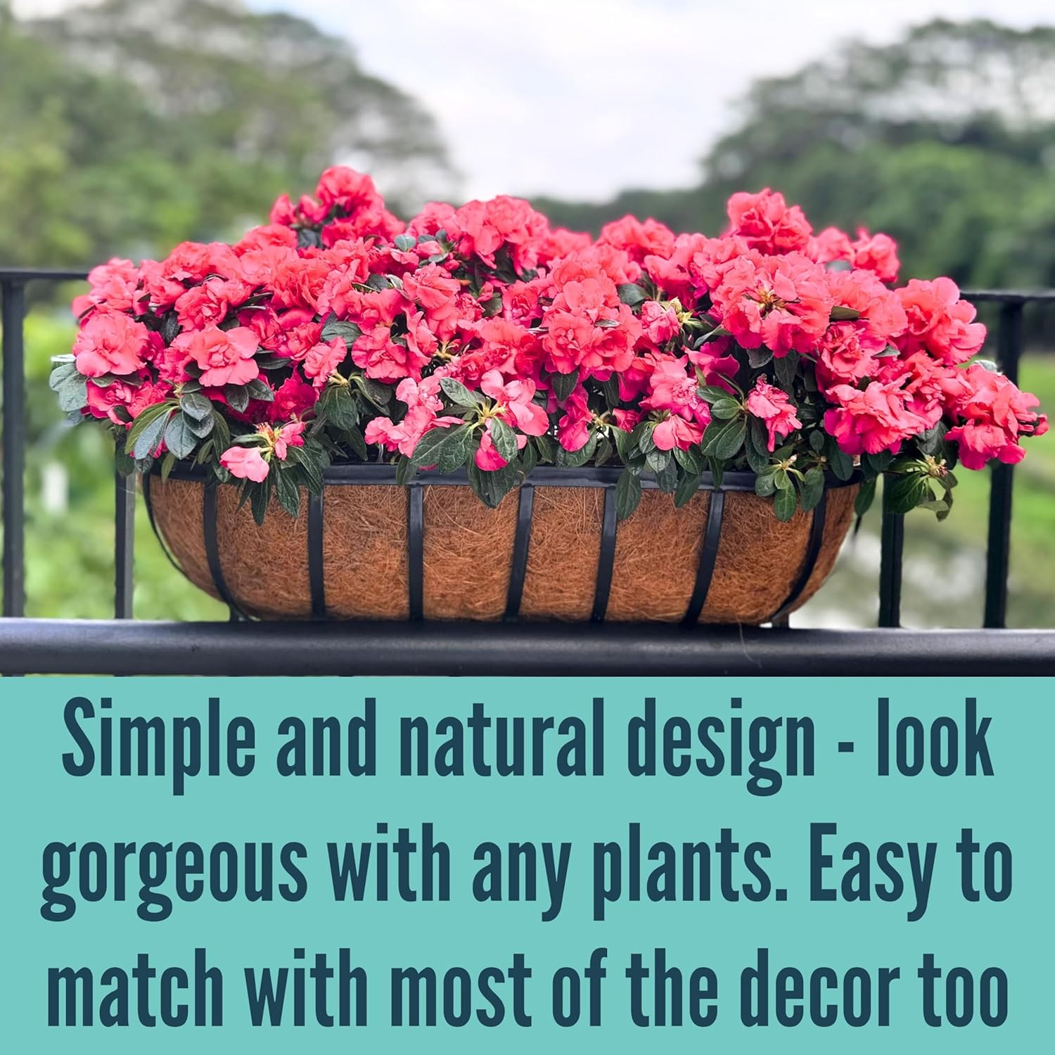 Lalagreen Fence Planters for Outdoor Plants (4 Pack, 24 Inch) Black Metal Window Boxes Planter to Attach to House, Wall Mounted Flower Coco Baskets outside Deck Railing Balcony Garden Porch Patio Rail image number 5