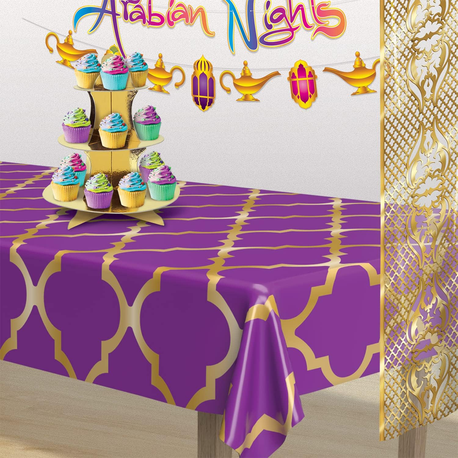 Beistle 2 Piece Plastic Rectangular Arabian Nights Theme Lattice Table Covers Moroccon Tableware,Purple/Gold image number 2