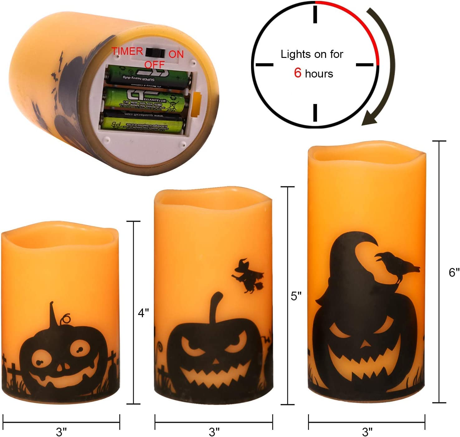 Eldnacele Halloween Flameless Candles, LED Flickering Battery Pillar Candles with 6H Timer and Pumpkin Decals, Spooky Fall Halloween Festival Party Decoration Set of 3 (D 3&rdquo; X H 4&rdquo; 5&rdquo; 6&rdquo;) image number 1