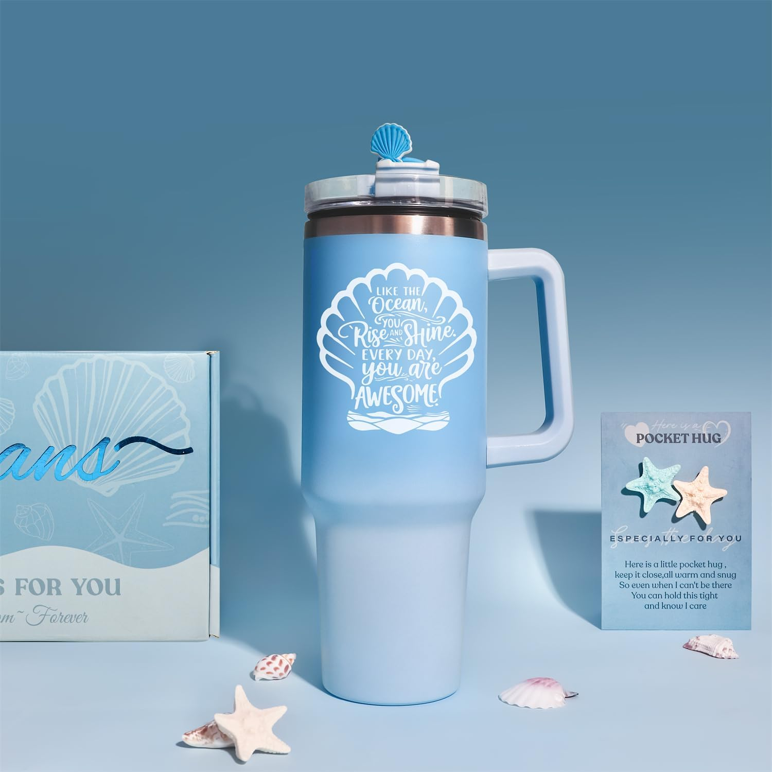 Birthday Gifts for Women,Ocean Themed Self Care Package Spa Gift Baskets Get Well Soon Gift Set with 40Oz Shell Tumbler, Soy Candle, Bath Bomb, Hair Towel, Fuzzy Socks, Soap, Blue image number 2